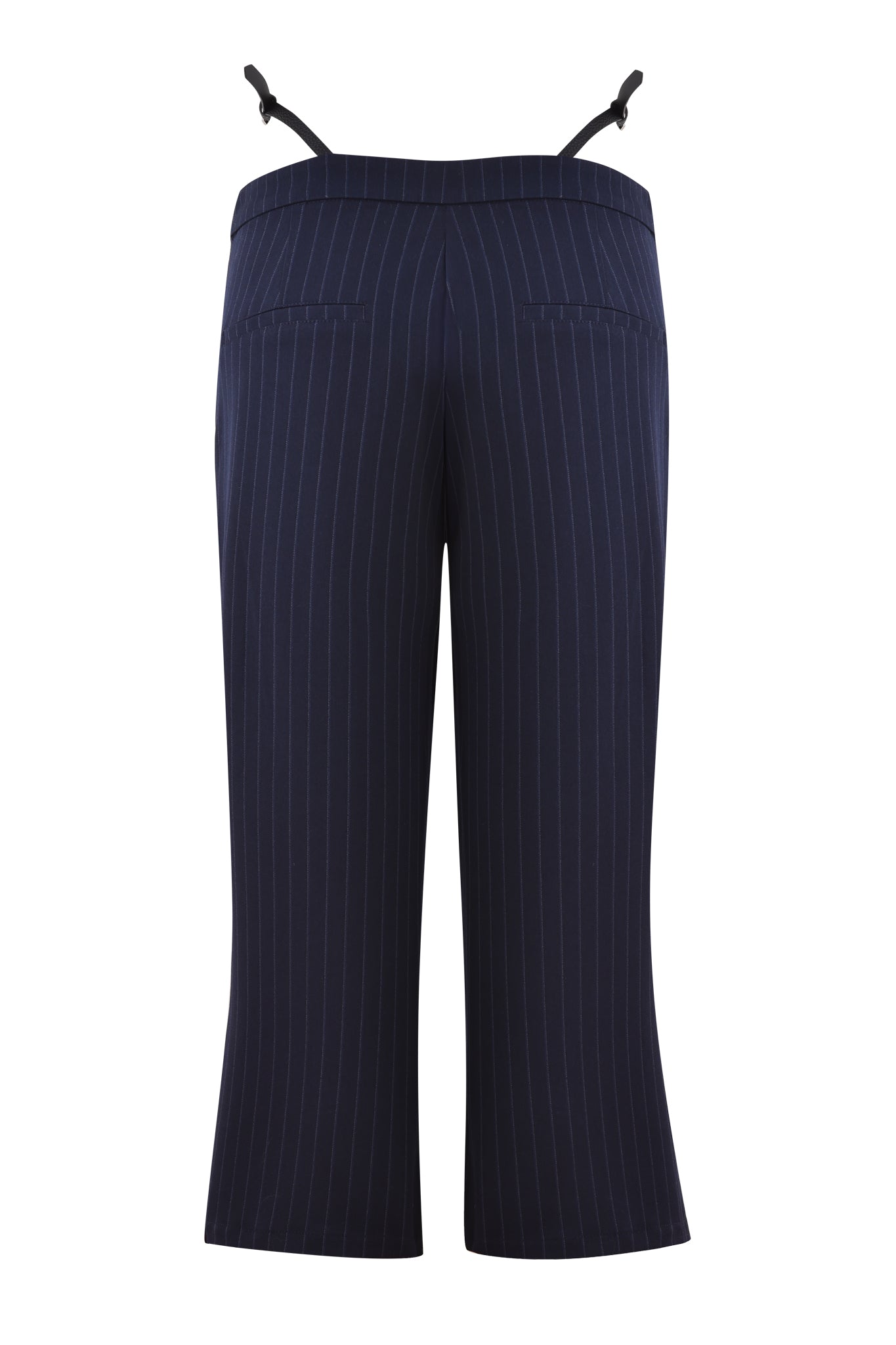 Close-up of the lower part of the MARRION CAPRI - BLUE : PINSTRIPE by I.AM.GIA, showcasing fine vertical stripes. These navy capris feature a strap with a small silver buckle near the bottom hem of each leg, enhancing the adjustable side straps and straight leg silhouette.