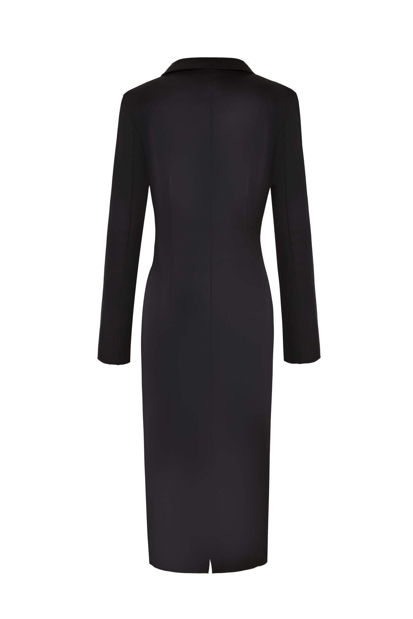 The RAENA COAT - BLACK by I.AM.GIA is displayed against a white background. This black, knee-length coat showcases a tailored fit with satin fabrication and features a back slit at the bottom. Shown from the rear, it highlights its streamlined silhouette and structured design.