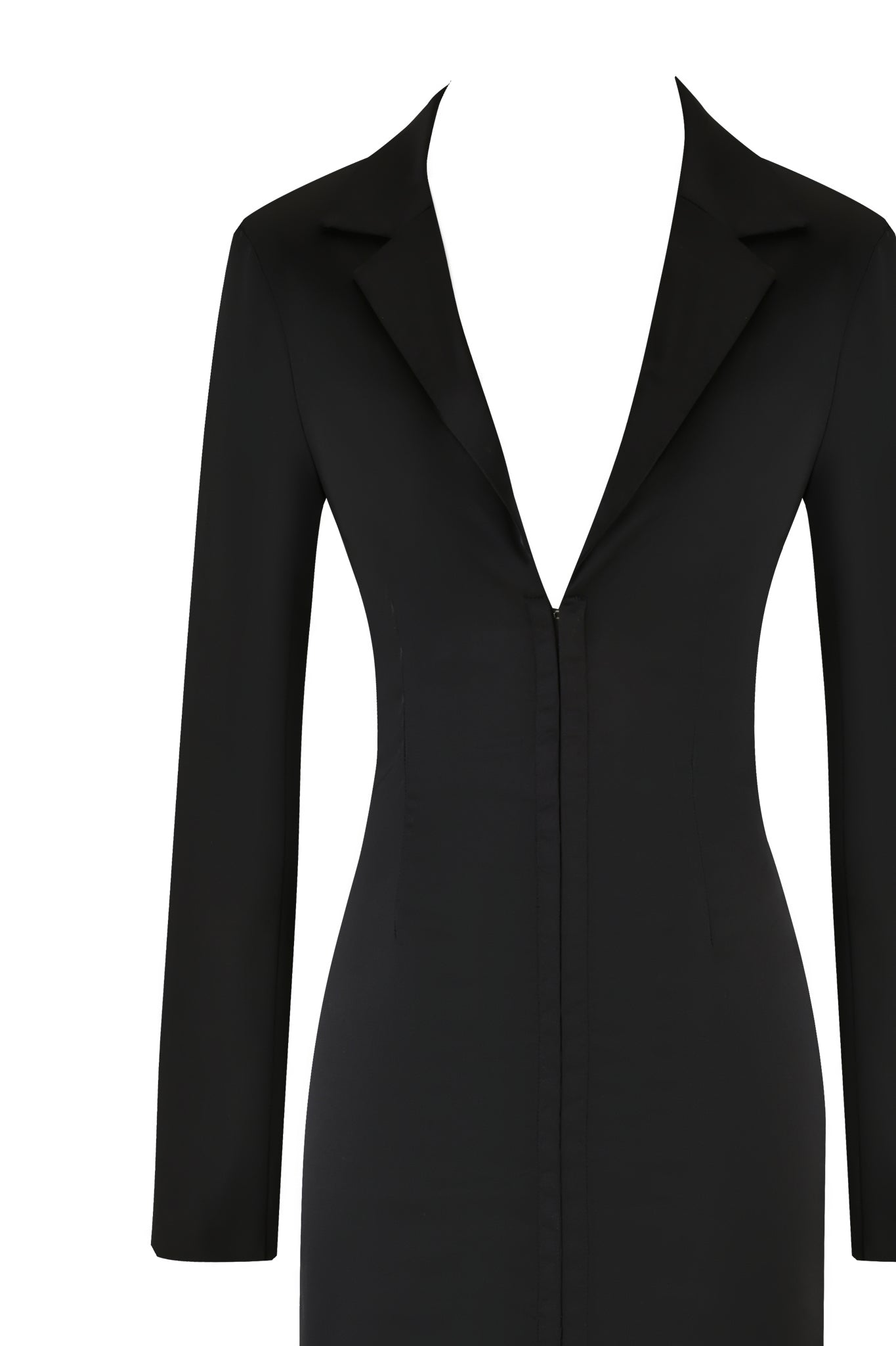 The RAENA COAT - BLACK by I.AM.GIA is a long-sleeved coat featuring a deep V-neck and a tailored fit. The satin fabrication adds a touch of luxury, while the sharp collar and seamless stitching down the front create a sleek and elegant design. The background is plain white.
