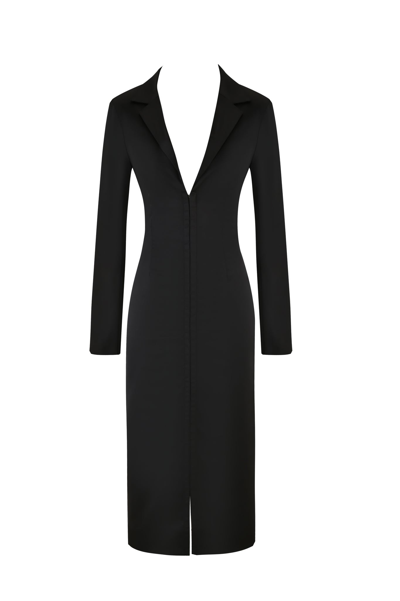 The RAENA COAT by I.AM.GIA is a black, tailored long-sleeved coat with a deep V-neckline. This knee-length piece features satin fabrication and a single-breasted design with subtle stitching details along the center, giving it a sleek and elegant appearance. The coat lacks any visible buttons or closures.