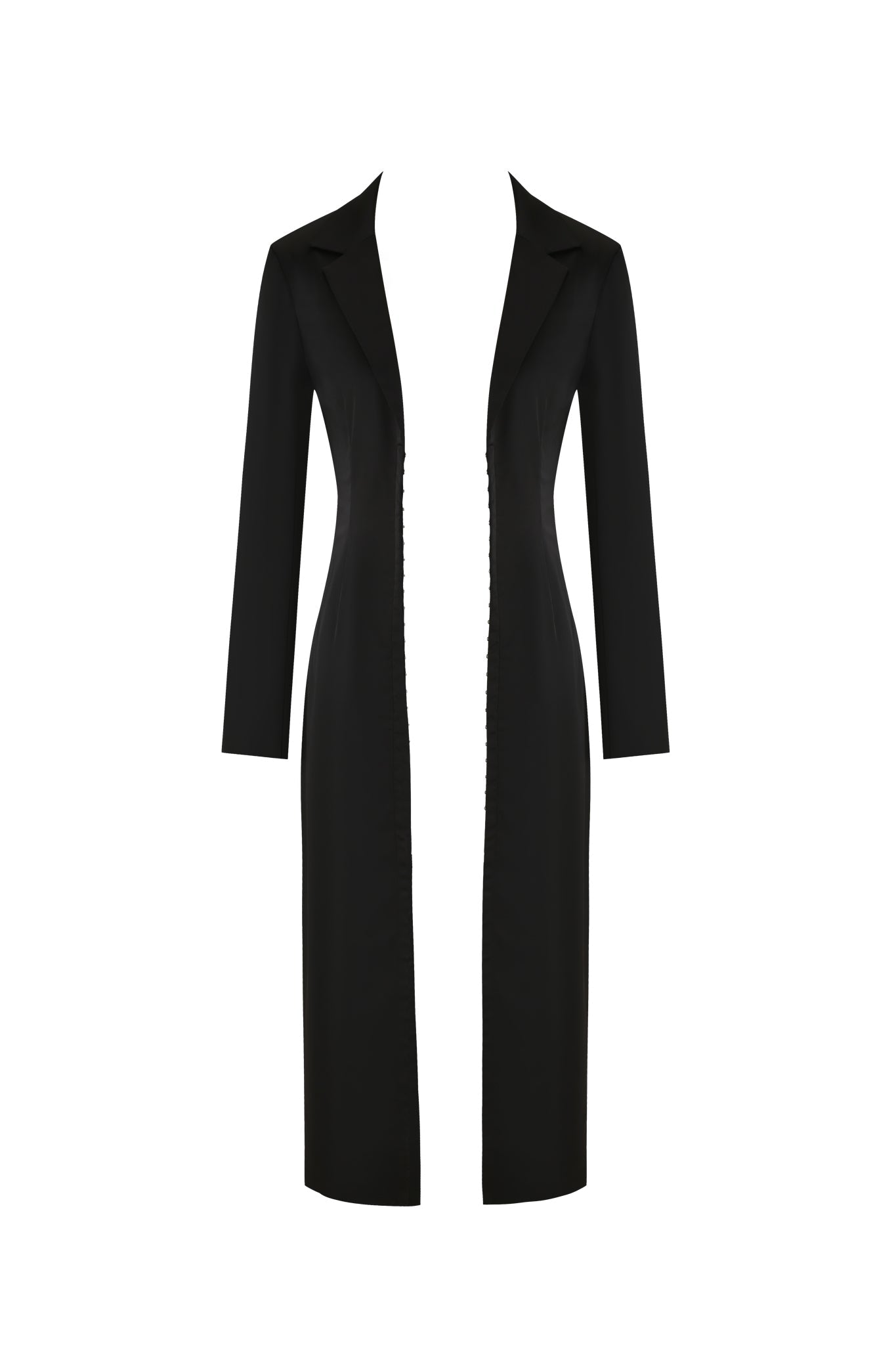 The RAENA COAT - BLACK by I.AM.GIA is a sleek and elegant long, tailored coat dress. It features a deep V-neckline, long sleeves, and a row of buttons down the front. Crafted from satin fabrication, it has a nipped-in waist and a hem that reaches below the knees.