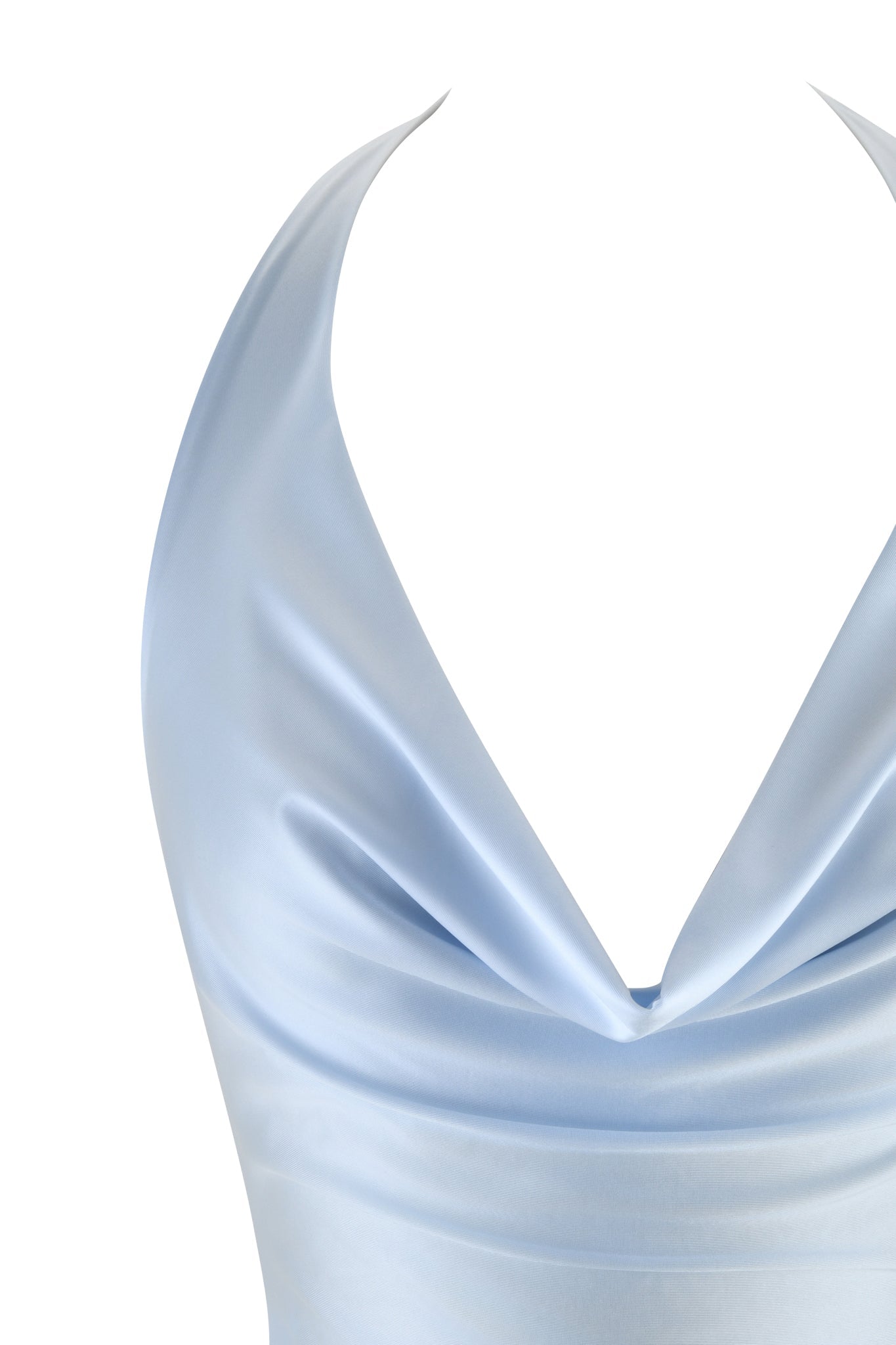A close-up image showcases the ELYSIA TOP - BLUE by I.AM.GIA, featuring a baby blue satin knit fabric with a draped cowl neckline. This halter tank top highlights its soft, shiny texture, forming elegant folds and presenting a smooth appearance against a white background.