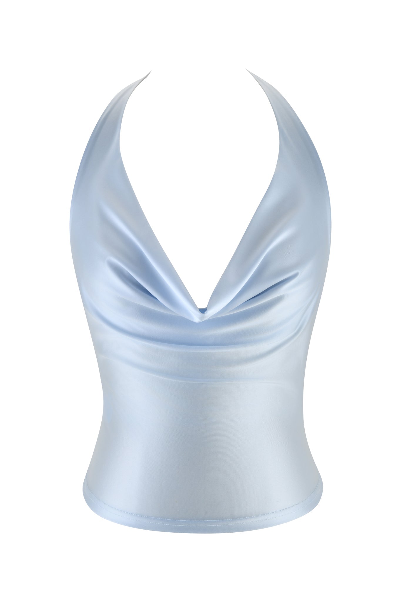 The ELYSIA TOP - BLUE : BABY BLUE by I.AM.GIA is an ice blue satin knit halter top with a graceful cowl neckline. It features a smooth, glossy finish, and its sleeveless design with a fitted waist adds an elegant and minimalistic touch, enhancing the sheen of the fabric.