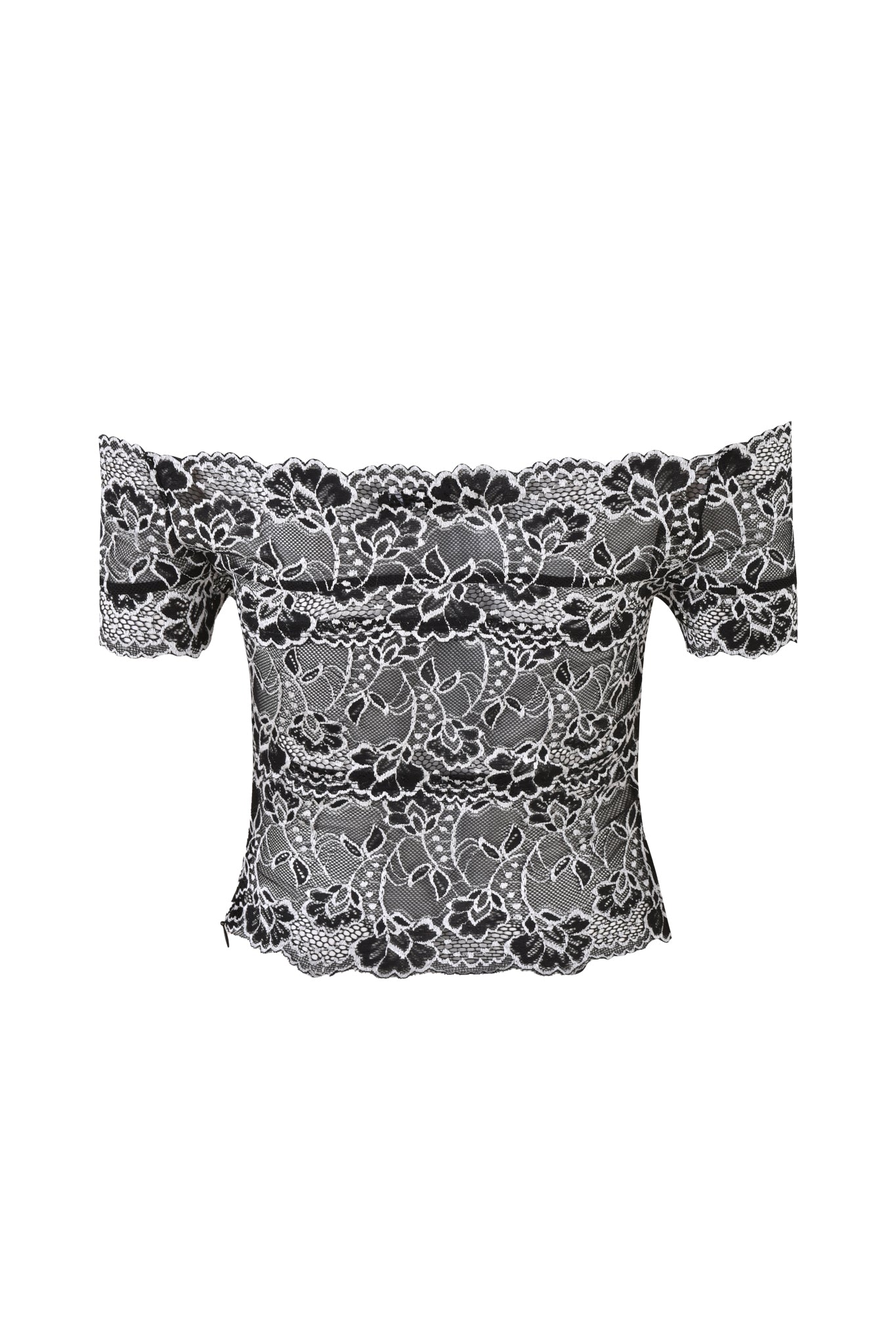 The CRYSTAL TOP - BLACK by I.AM.GIA is an off-the-shoulder lace top in black and white with a bodycon fit, adorned with floral patterns and short sleeves. Its intricate stretch lace design offers a delicate, feminine appearance.