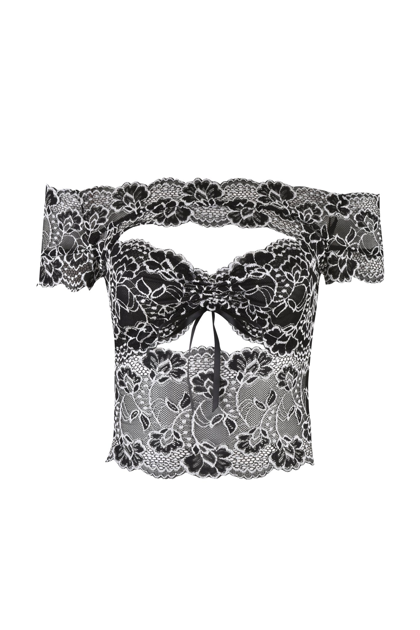 The CRYSTAL TOP - BLACK : LACE by I.AM.GIA is an off-the-shoulder crop top adorned with elaborate floral designs and a sweetheart neckline, offering a bodycon fit through its stretch lace material. A small bow at the front center enhances this exquisite piece with a delicate and fashionable detail.