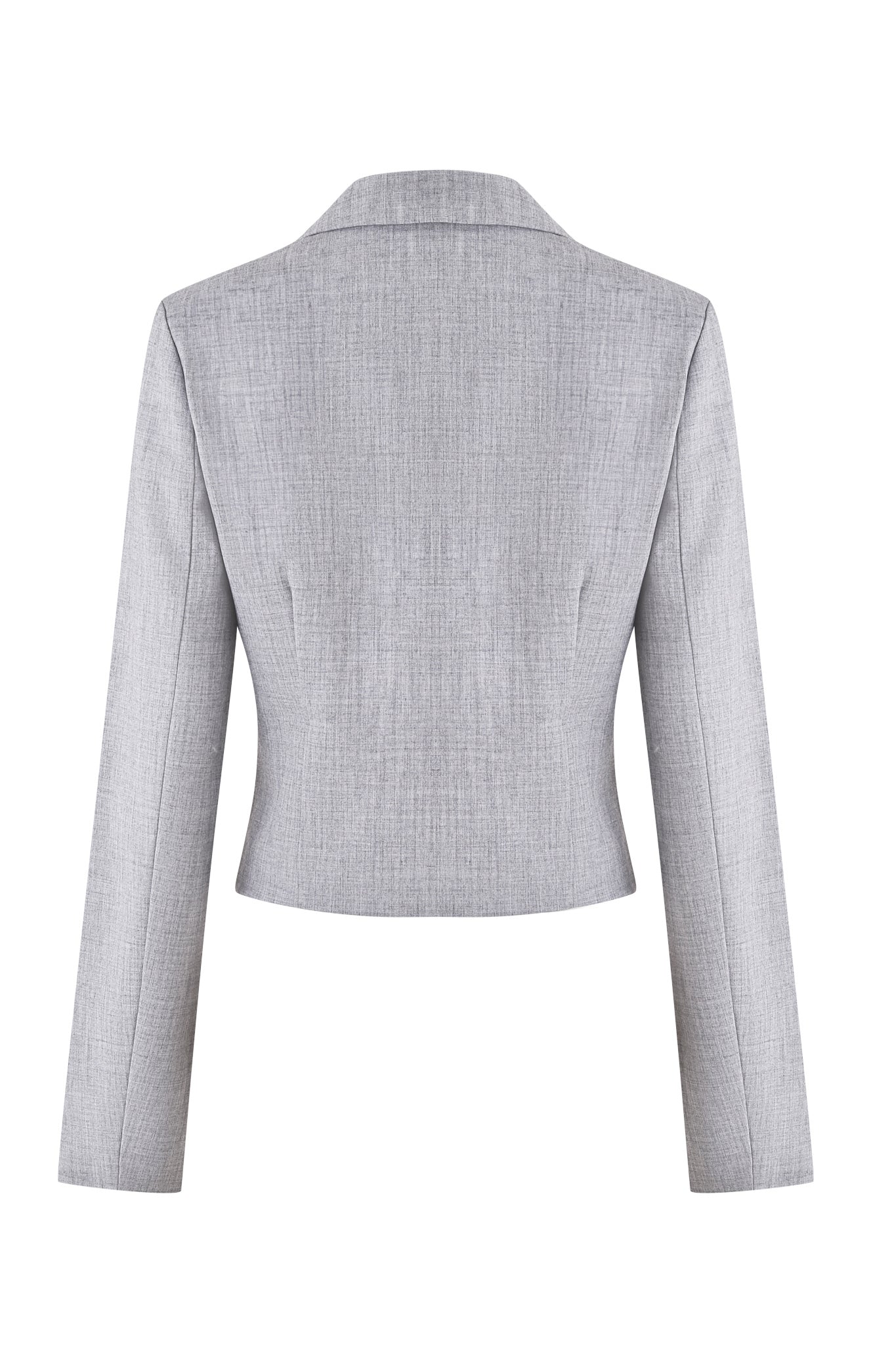 Rear view of the I.AM.GIA CLAUDETTE JACKET - GREY : PLAID, a light grey, cropped blazer with a tailored fit, sharp shoulders, and long sleeves. The blazer features suiting fabrication with a sleek design, clean lines, and a single seam running down the middle of the back.