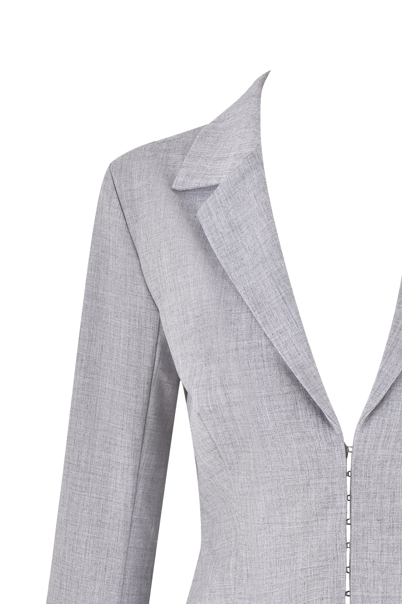 Close-up of the CLAUDETTE JACKET in grey plaid by I.AM.GIA, showcasing its deep neckline and front zipper closure. This tailored fit blazer features a structured collar and long sleeves, crafted from slightly textured suiting fabrication. The plain white background accentuates the details.