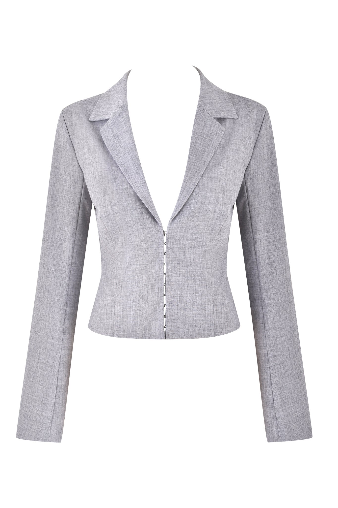 The CLAUDETTE JACKET - GREY : PLAID by I.AM.GIA is a fitted, long-sleeve grey blazer with a deep V-neckline and single-breasted button closure. It features notched lapels and a tailored silhouette that emphasizes the waist. Made from midweight stretch fabric, it boasts a fine, subtle texture for added sophistication.
