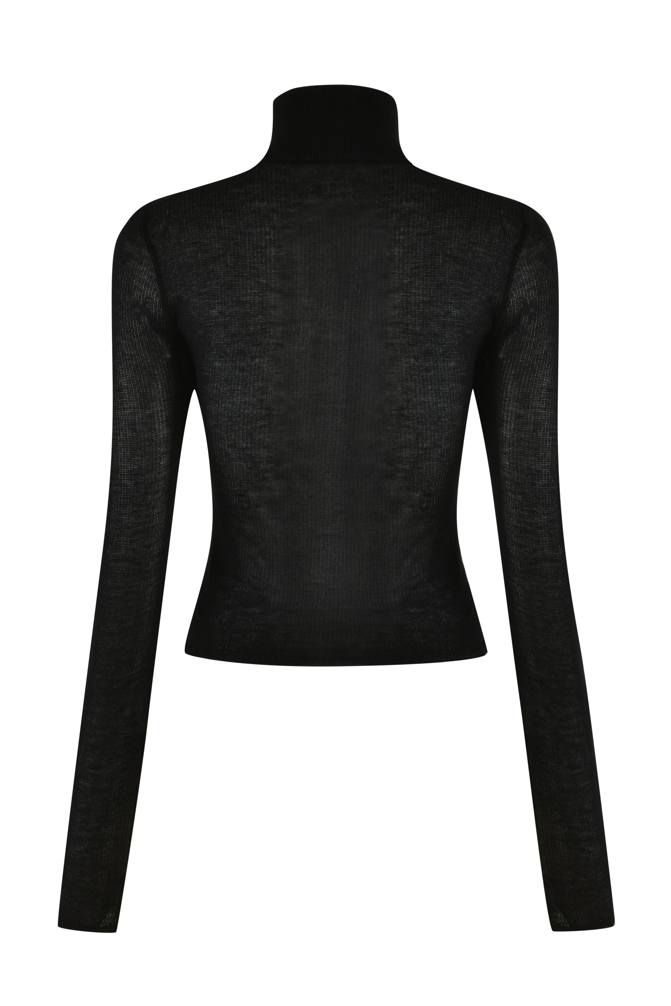The STORM TOP - BLACK by I.AM.GIA is displayed against a white background. This long-sleeved top features a mock turtleneck and a bodycon fit design with a slightly transparent, ribbed texture. The back view highlights the garment's seamless and streamlined construction.