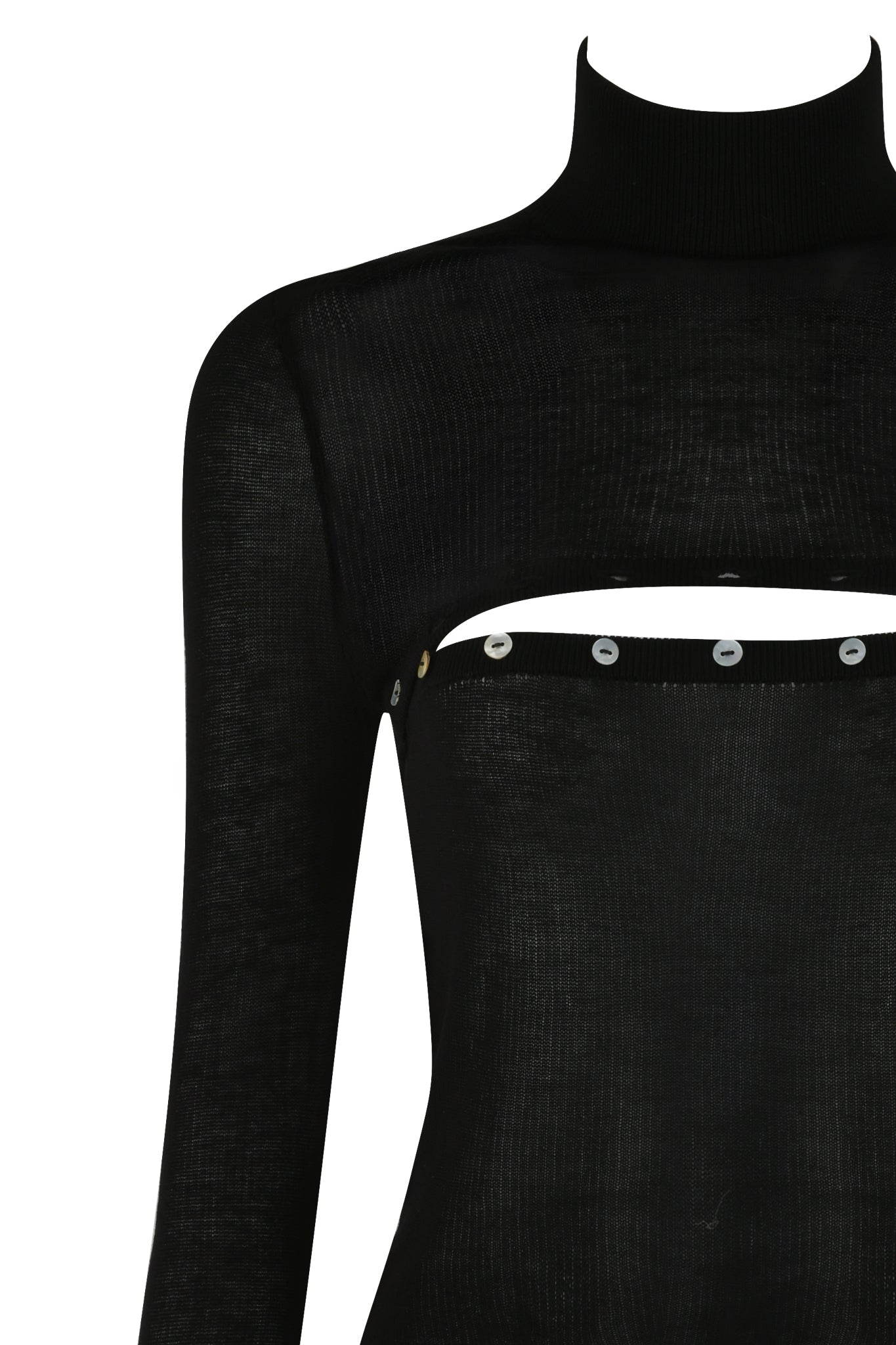 A close-up view of the STORM TOP - BLACK by I.AM.GIA, showcasing its high neckline and distinctive cutout design across the chest, adorned with a row of silver button-like details along the cutout. The semi-sheer fabric provides a bodycon fit that accentuates your form.