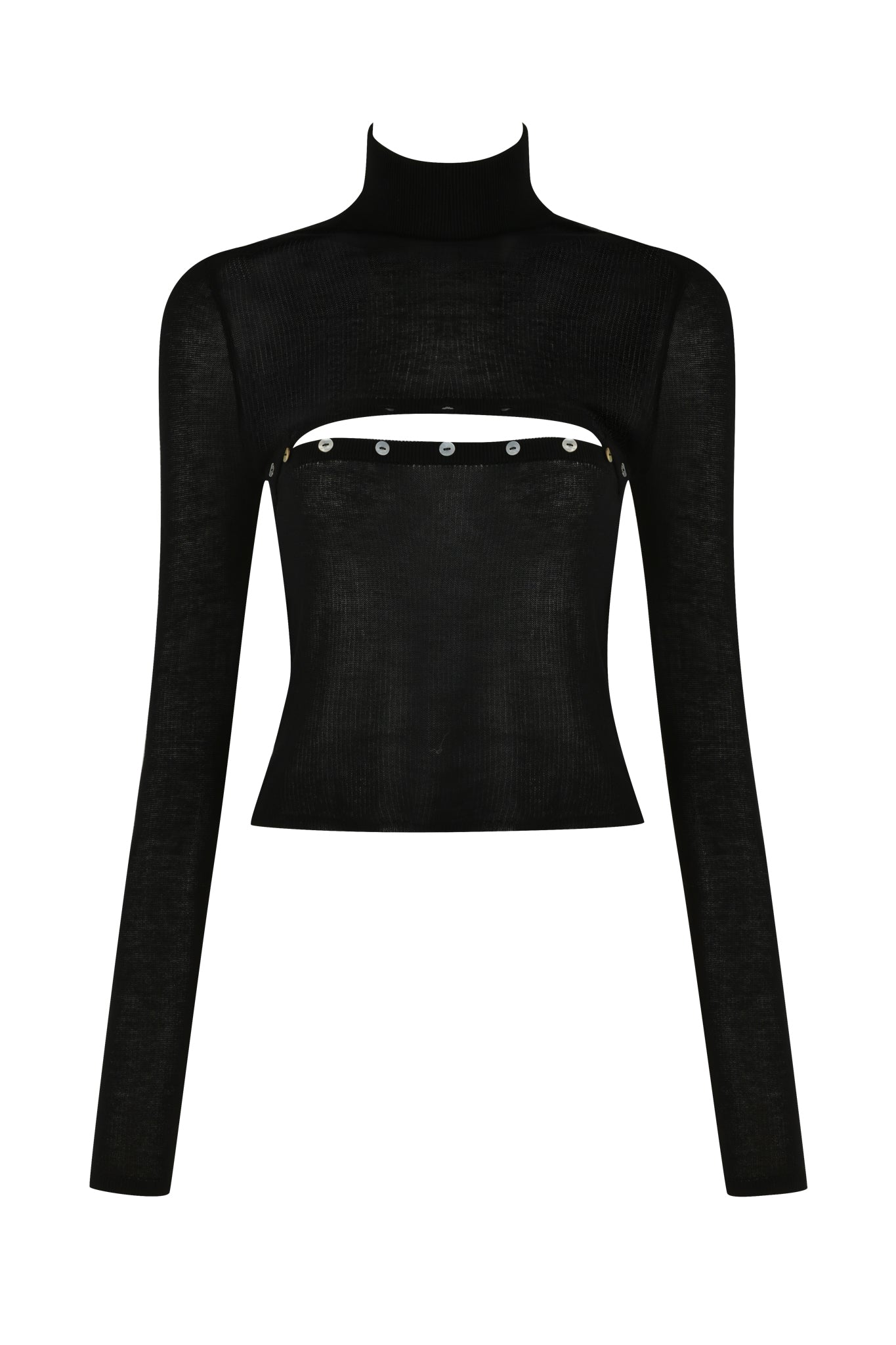 The STORM TOP - BLACK by I.AM.GIA is a black, long-sleeve, mock turtleneck top with a cut-out detail at the chest. The bodycon fit accentuates your figure, while a row of small, circular metal elements adds a unique touch to the design.