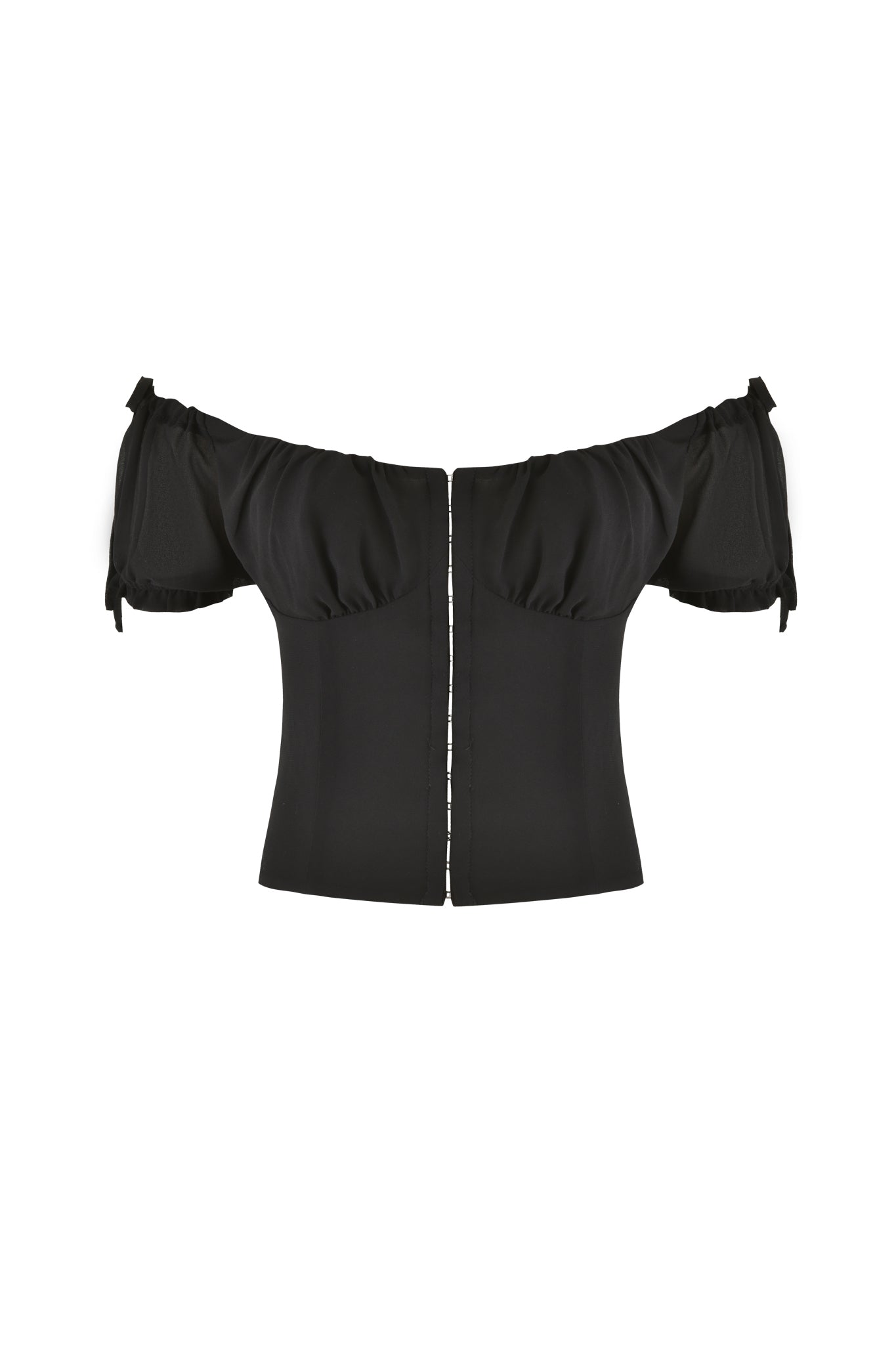 The VALERIE GEORGETTE BUSTIER - BLACK by I.AM.GIA is an off-the-shoulder crop top featuring short puff sleeves and a front zipper closure. Made from black georgette, this bustier offers a bodycon fit that enhances its modern and stylish appeal, evoking the elegance of a chic off-the-shoulder design.