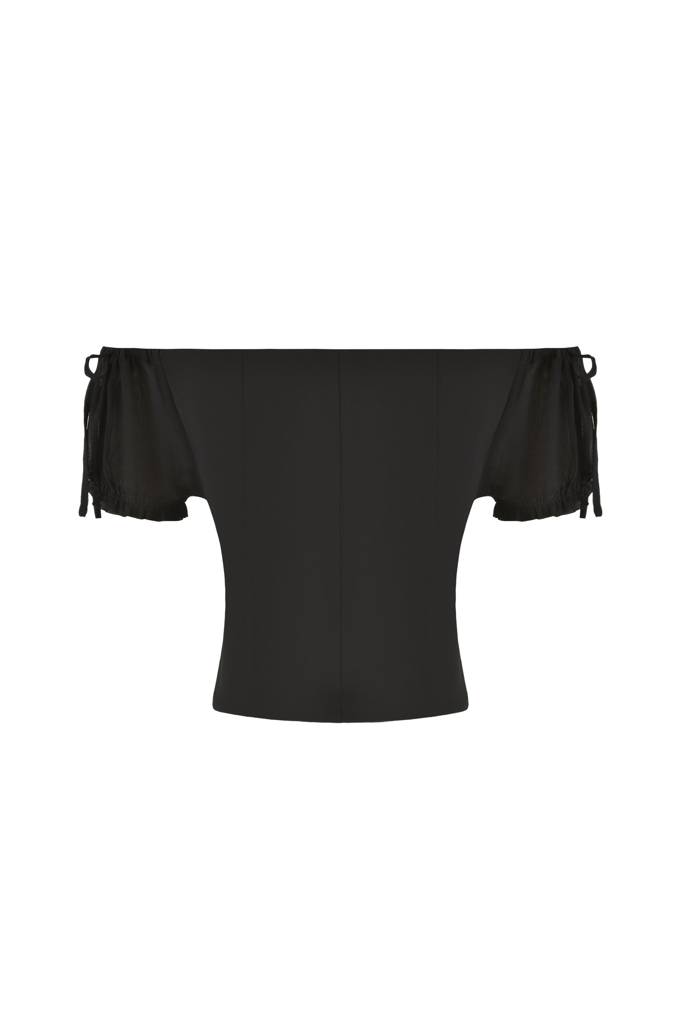 The VALERIE GEORGETTE BUSTIER - BLACK by I.AM.GIA is a striking off-the-shoulder top featuring short, sheer sleeves adorned with delicate bows. Made from black georgette, it offers a bodycon fit and a sophisticated straight neckline for an effortlessly chic appearance.