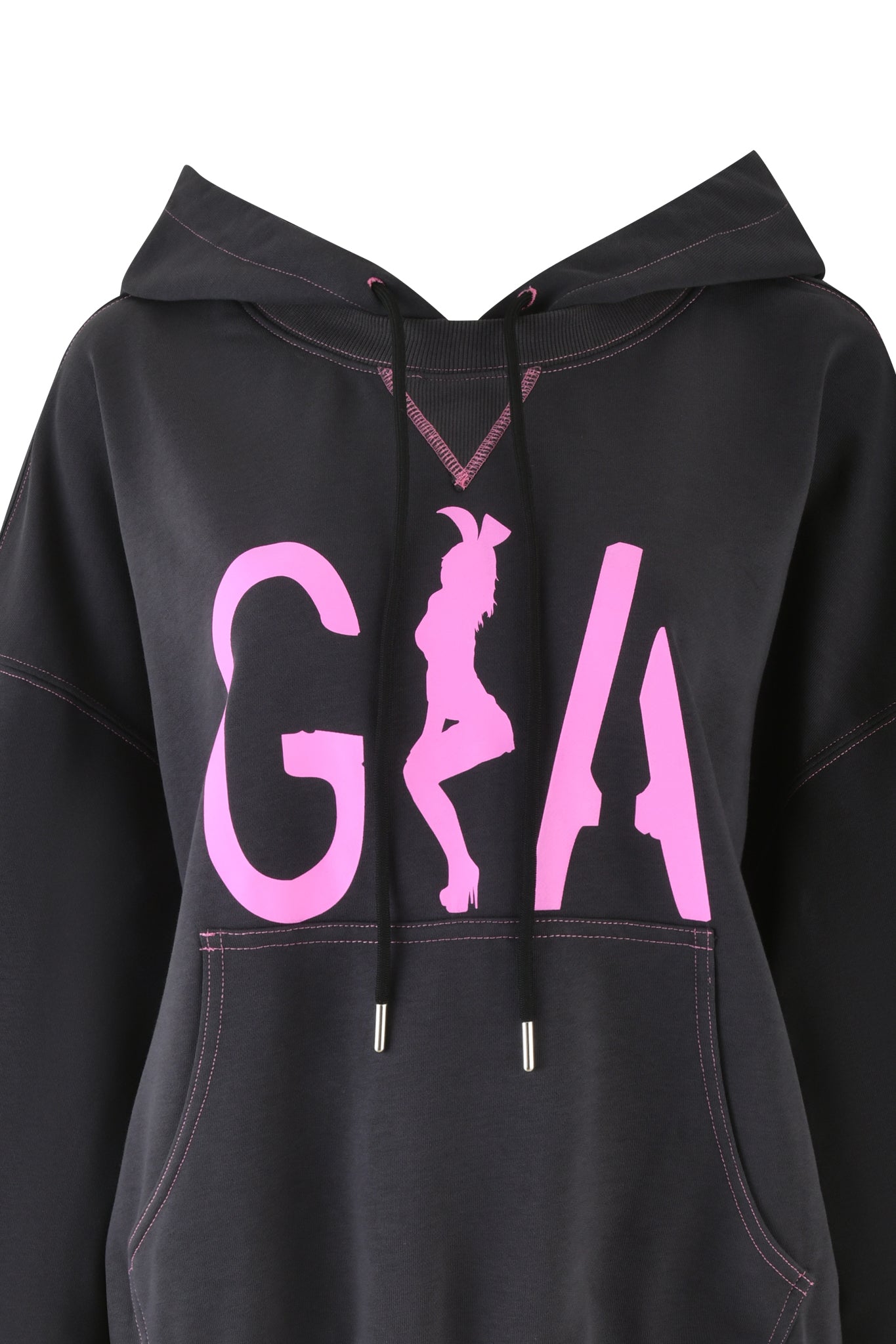The SPENCER HOODIE - GREY by I.AM.GIA presents an oversized fit with charcoal grey fabric, highlighted by pink 'GIA' artwork and a central silhouette of a woman. It is equipped with a comfortable hood, black drawstrings, and intricate stitching details.
