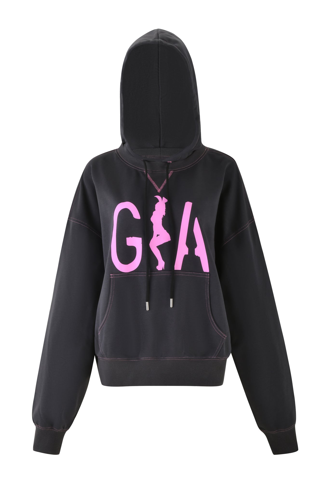 The SPENCER HOODIE - GREY by I.AM.GIA features an oversized charcoal grey design with a striking pink 'GIA' artwork on the front, including a stylized silhouette of a person between the letters. Equipped with a front pocket and drawstring hood, this hoodie seamlessly blends style and comfort.