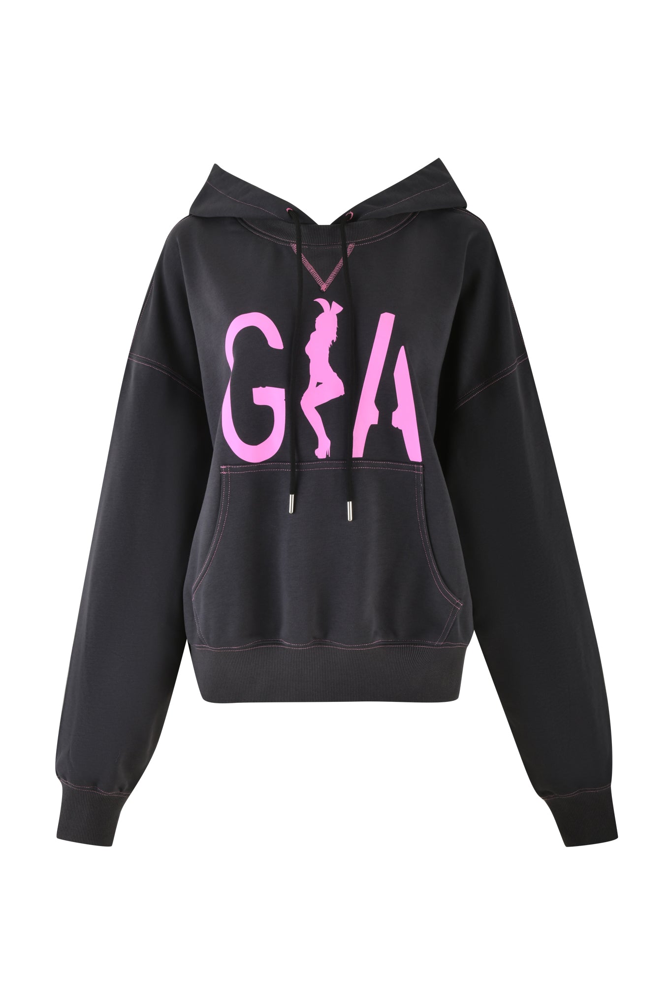 Introducing the I.AM.GIA Spencer Hoodie in Charcoal Grey, featuring a striking pink 'GIA' graphic design on the front. This bold design showcases large letters and a dance pose silhouette centrally placed between them. The oversized fit includes a kangaroo pocket and adjustable drawstrings for added comfort.