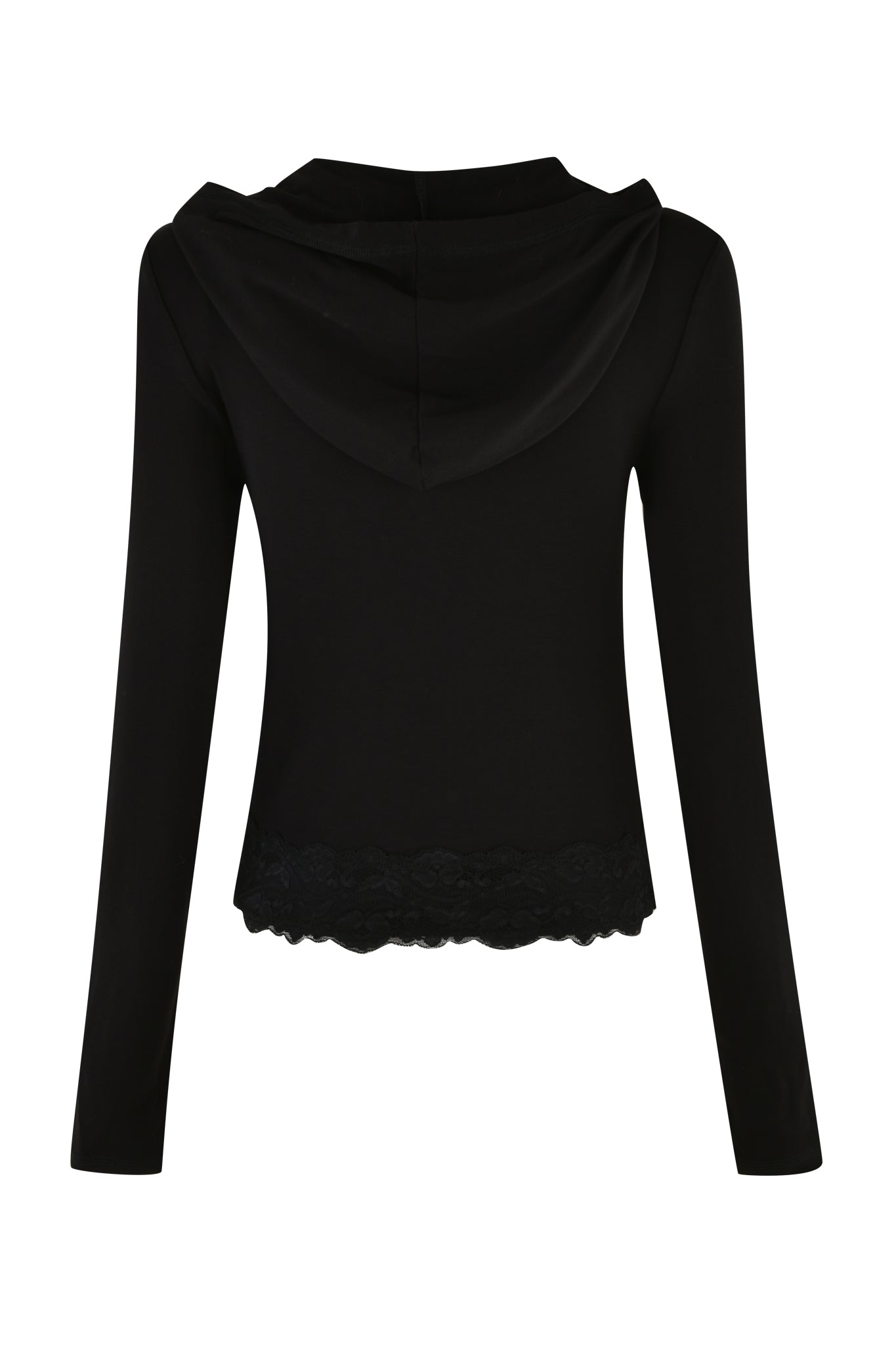 A rear view of a black, long-sleeved hoodie with a lace-trimmed hem, reminiscent of the chic I.AM.GIA TARSHA JACKET - BLACK: TRUE BLACK.