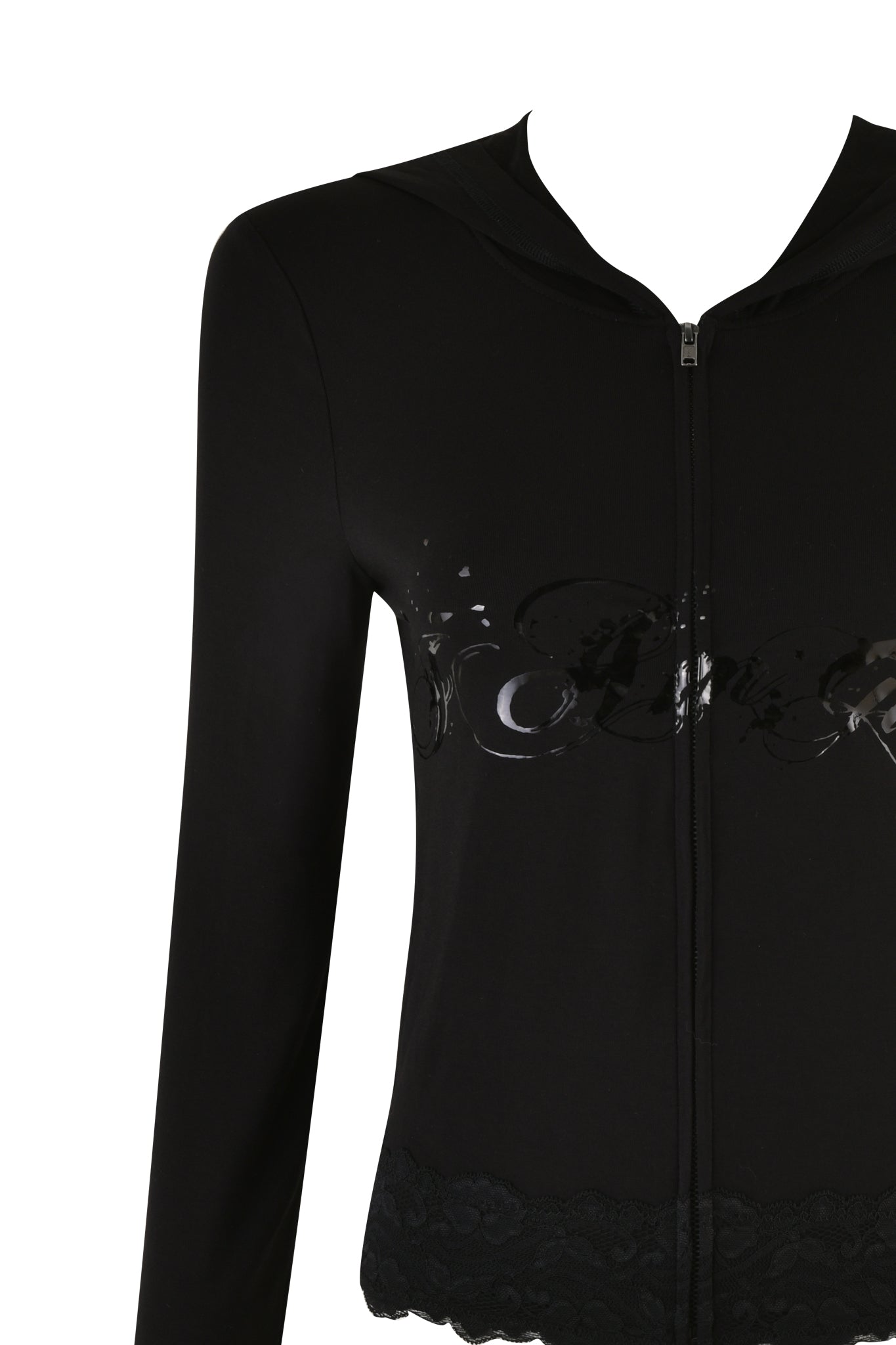 The TARSHA JACKET - BLACK in True Black by I.AM.GIA features long sleeves and a subtle, glossy design on the front. The bottom hem is adorned with a lace trim, adding a touch of elegance to this casual I.AM.GIA logo garment.