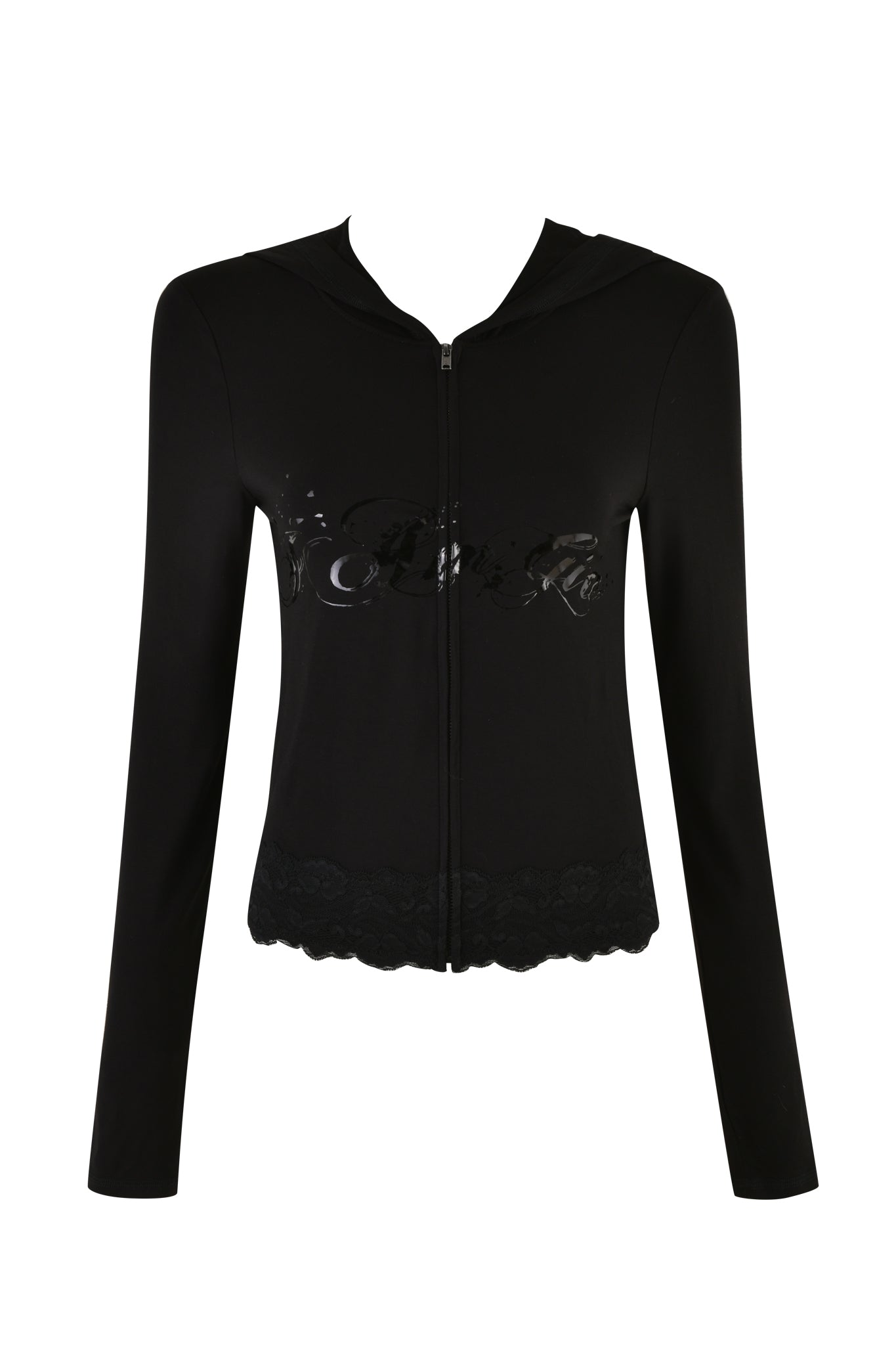 The TARSHA JACKET - BLACK by I.AM.GIA is a true black, long-sleeve zipper hoodie adorned with a lace trim at the bottom. The front features a subtle, shiny design across the chest area. This fitted silhouette garment includes the iconic I.AM.GIA logo and comes with a hood at the back.
