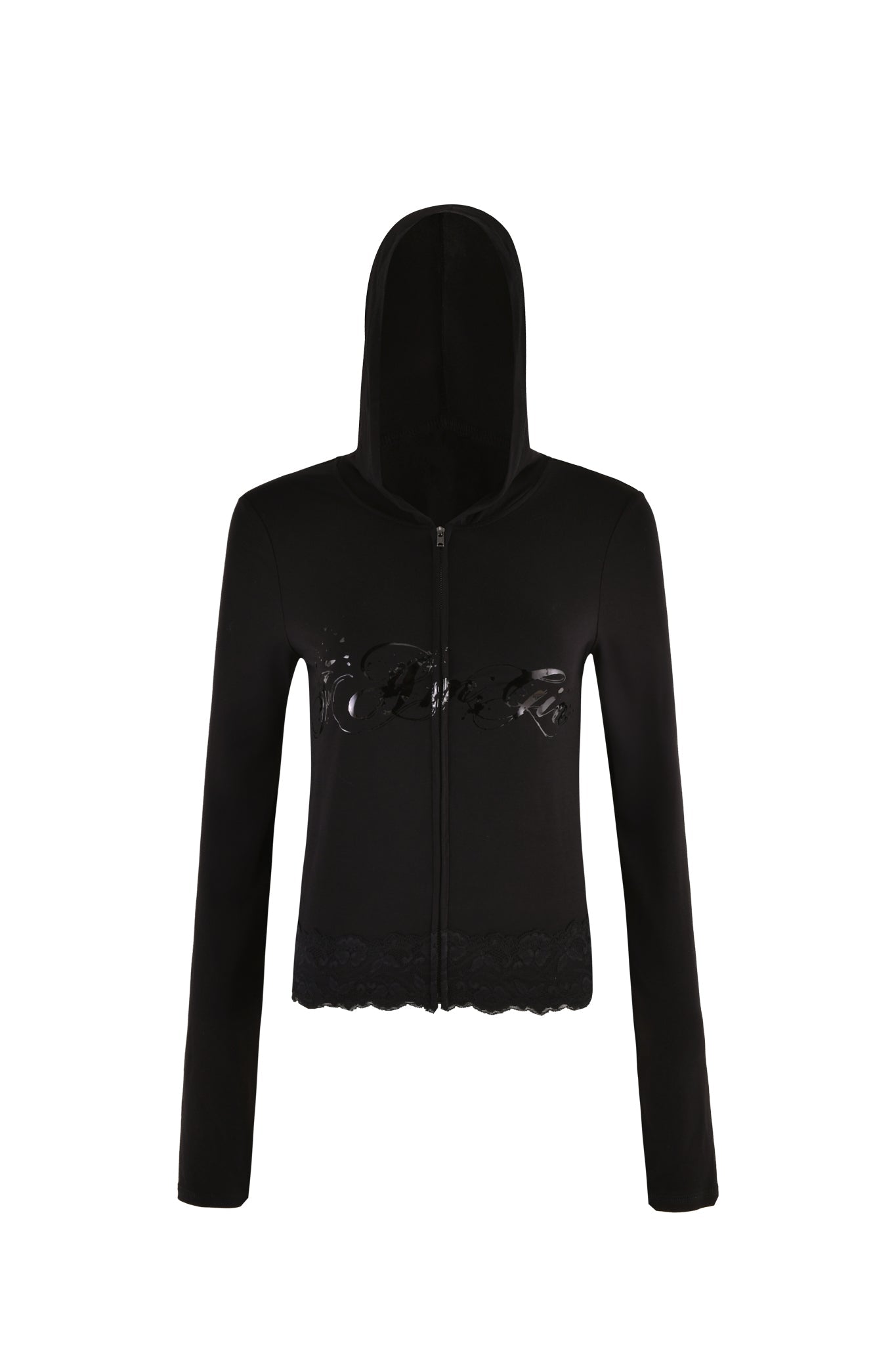The TARSHA JACKET - BLACK in True Black by I.AM.GIA is a stylish black zip-up hoodie featuring lace trim at the bottom and a glossy I.AM.GIA logo prominently displayed across the chest. With long sleeves and shown with the hood up, this hoodie subtly hints at a bodycon silhouette for that perfect fit.