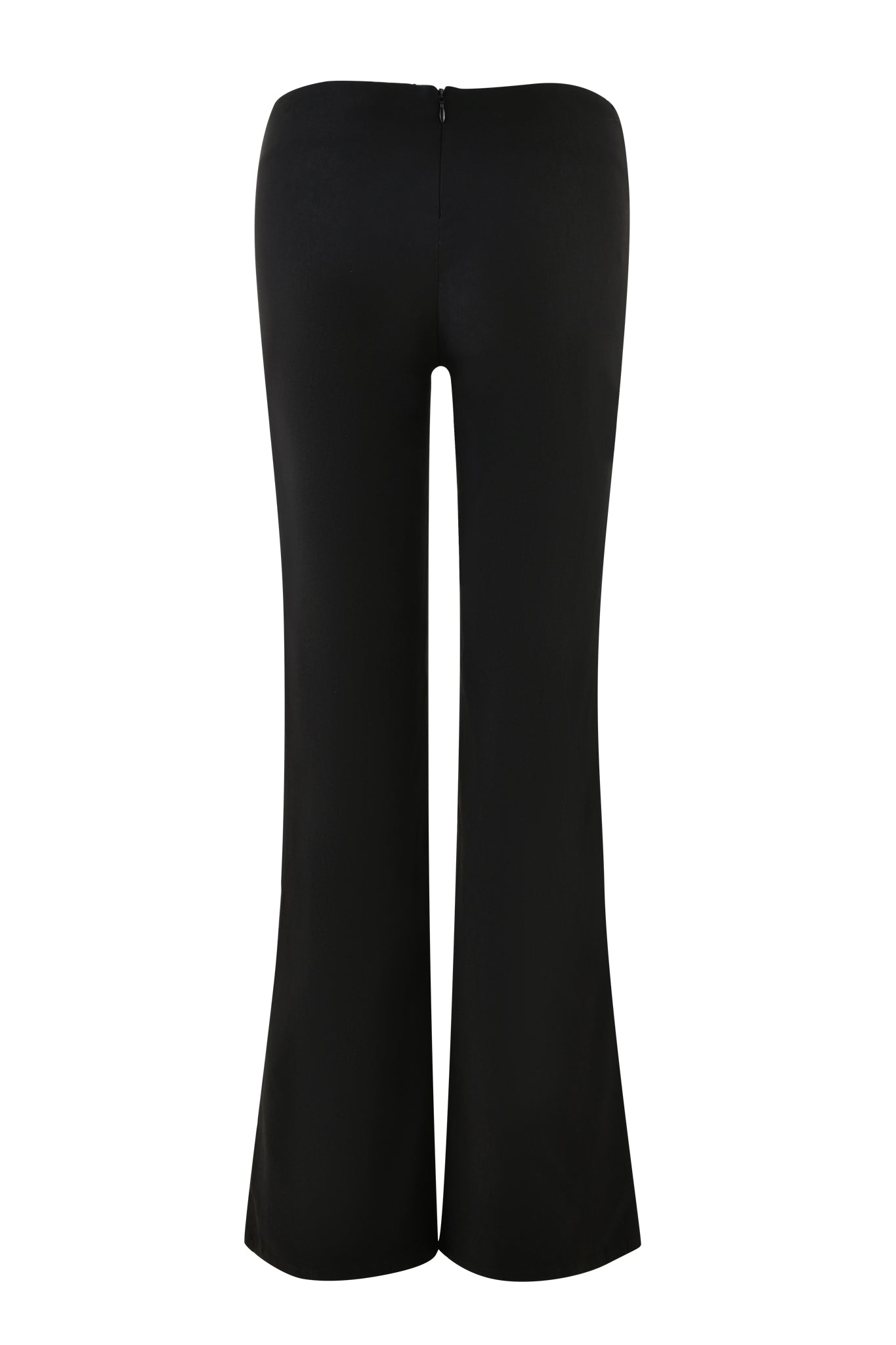 The image shows the brand I.AM.GIA's SHARAH PANT in black, featuring a high-waisted design and flared legs with a zipper closure at the back. The fabric is smooth and form-fitting, with a slight flare starting from the knee downward.