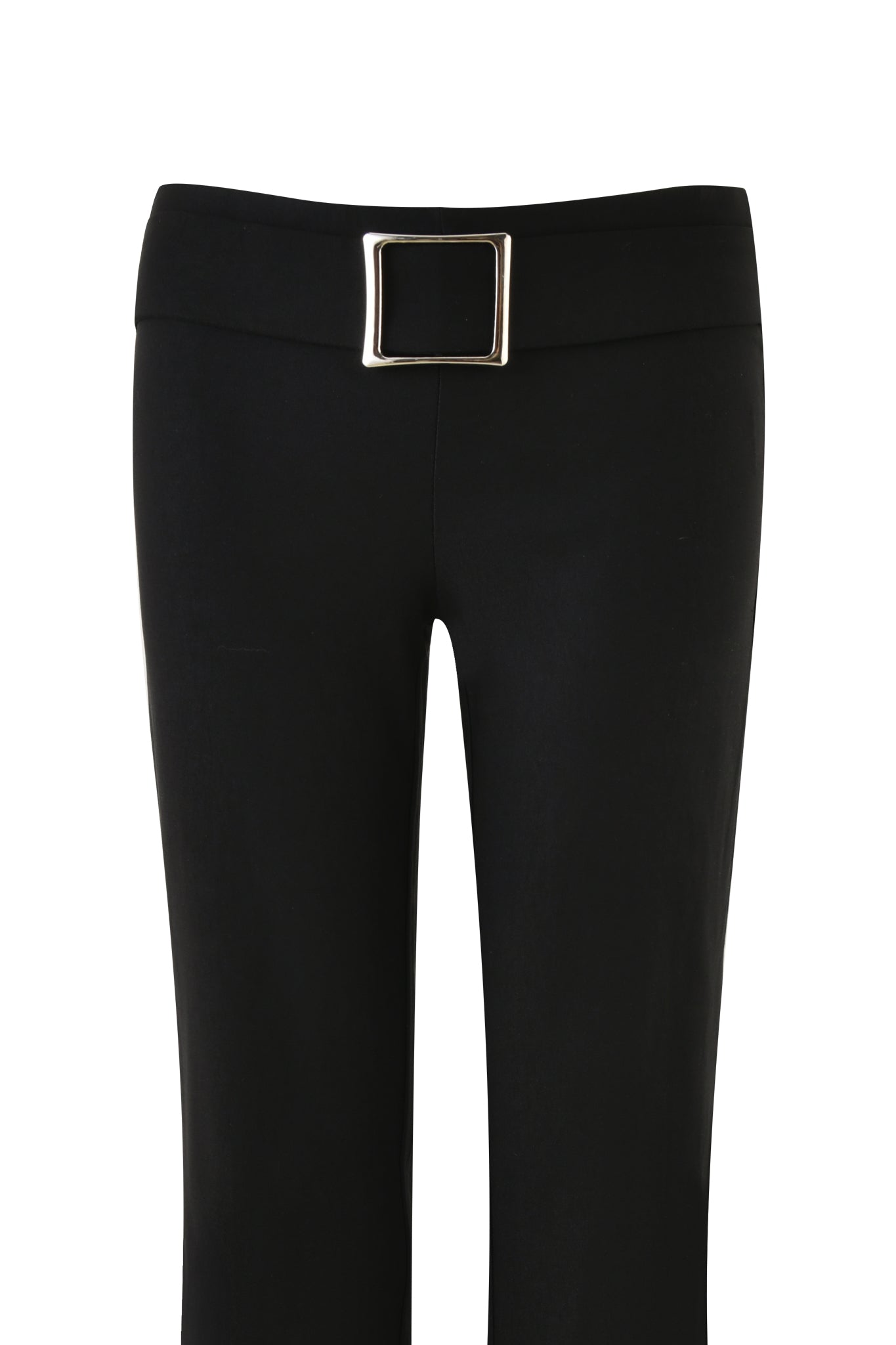 The I.AM.GIA SHARAH PANT - BLACK features a wide belt with a large rectangular silver buckle at the low-rise waistline. Displayed against a white background, these pants showcase their clean and sleek design.