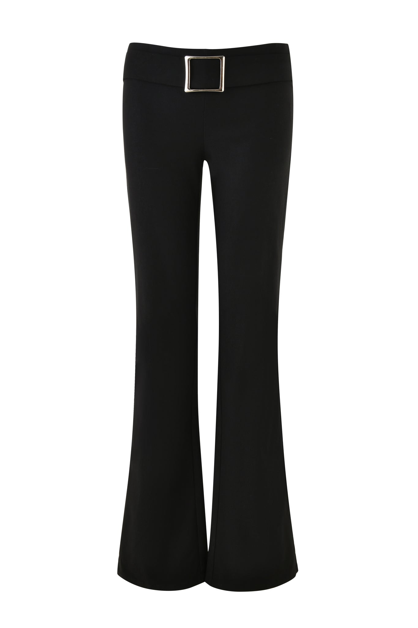 Introducing the SHARAH PANT - BLACK from I.AM.GIA, a pair of high-waisted, black belted suit pants featuring a rectangular metallic buckle. The flared leg design is showcased on an invisible mannequin against a plain white background, highlighting their sleek and modern look.
