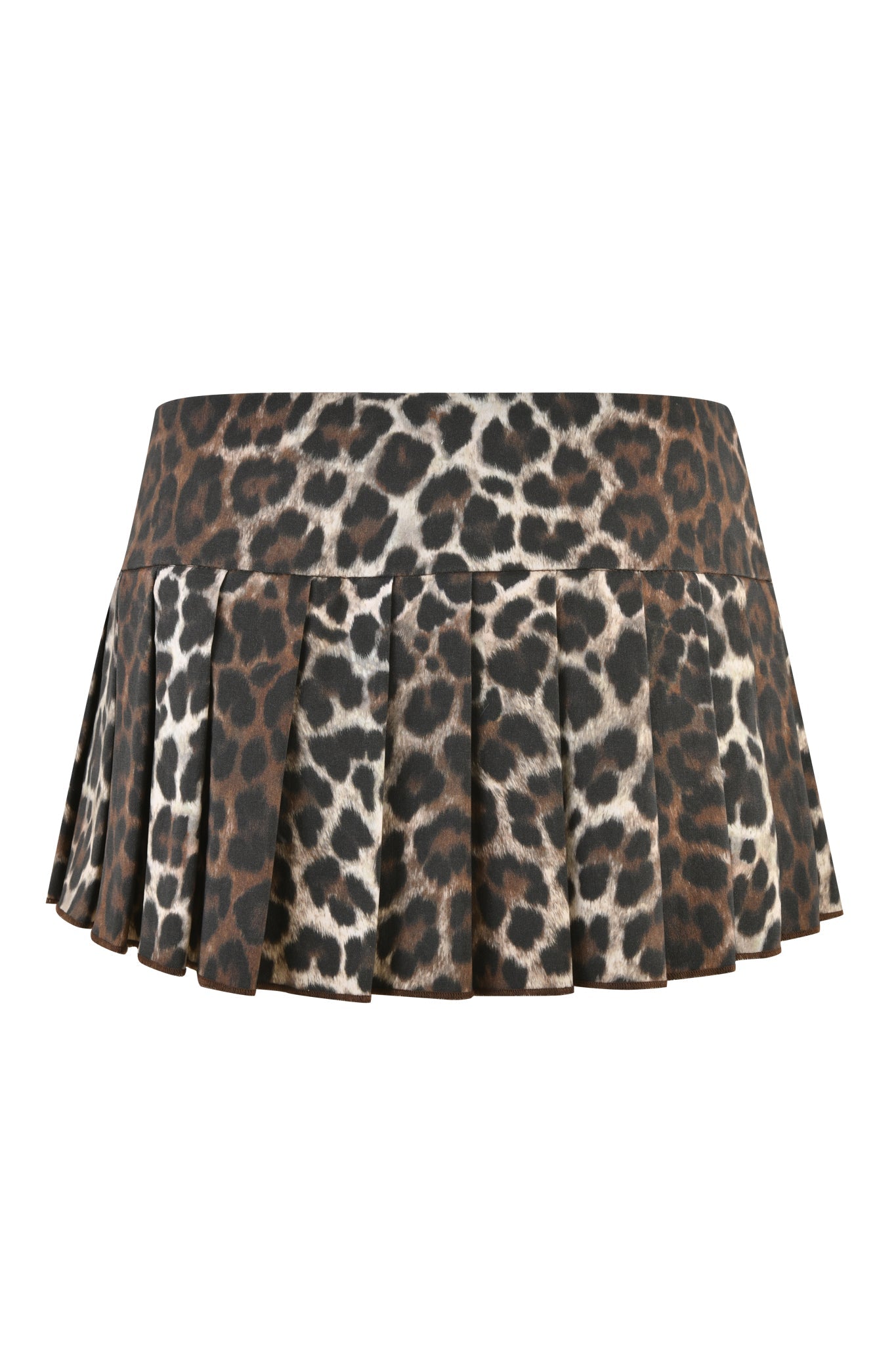 The REMINI SKORT 2.0 - NEUTRAL: LEOPARD from I.AM.GIA is a short, pleated skort featuring a custom leopard print in shades of brown, black, and beige. The pleats create a flared effect, highlighting the wild animal print design throughout the fabric.