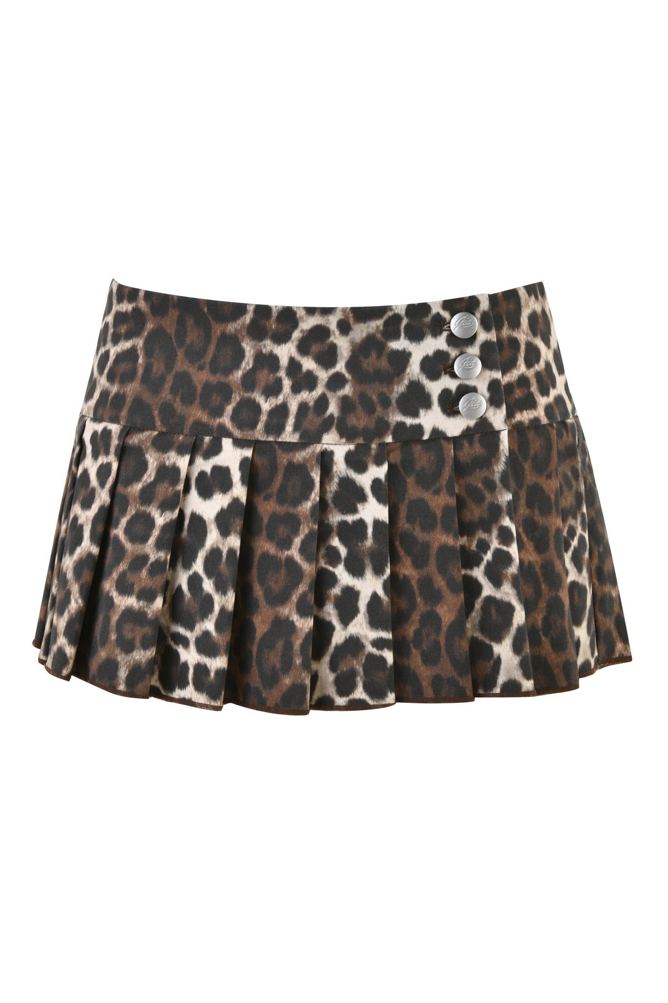 The REMINI SKORT 2.0 - NEUTRAL : LEOPARD by I.AM.GIA features a custom neutral leopard print design. This pleated miniskirt boasts a wide waistband adorned with three large silver buttons on one side, showcasing shades of brown, black, and cream that mimic the look of wild leopard fur.