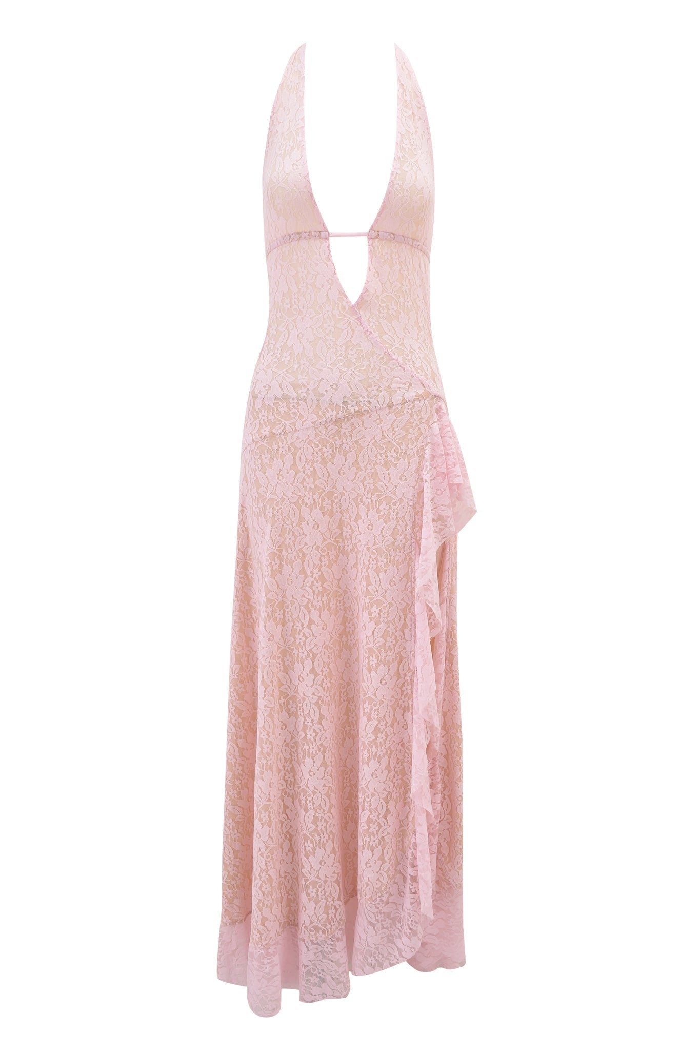 The IRISIA LACE HALTER MAXI DRESS by I.AM.GIA features baby pink floral lace, a halter neckline, fitted bodice, and flowy skirt with an asymmetrical ruffle hem for an elegant touch.