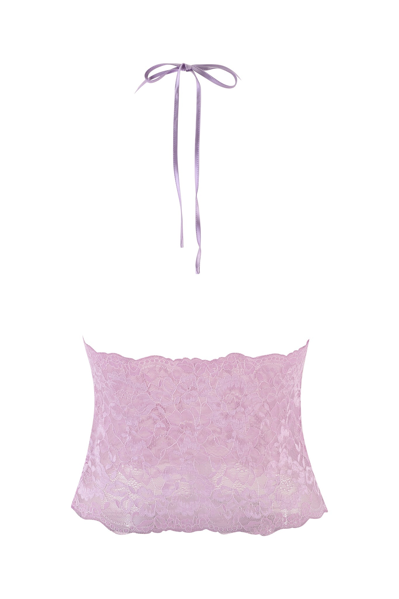 The GEM HALTER TOP - PURPLE : LILAC by I.AM.GIA highlights sheer lace adorned with an intricate floral pattern and delicate ribbons. Its scalloped edges and bodycon fit enhance its elegant and feminine look.