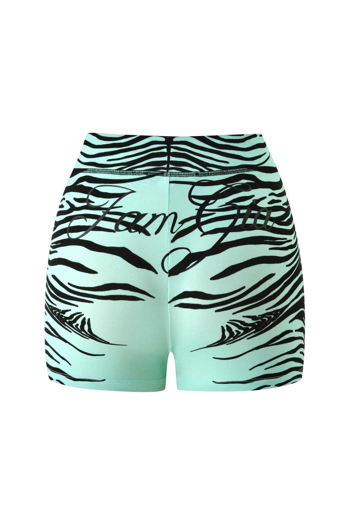 The BLARE SHORT - AQUA FINE LINE ZEBRA from I.AM.GIA features a mint green, high-waisted design with striking black Aqua Fine Line Zebra stripes and bold black script across the back. The stretchy, form-fitting fabric delivers a standout statement look.