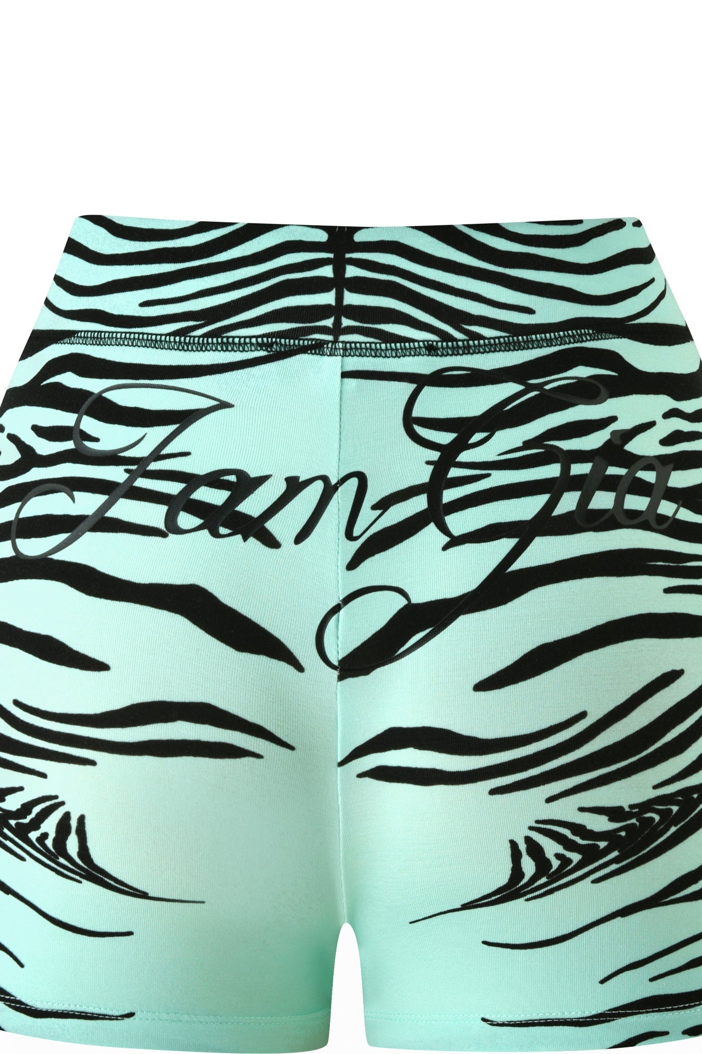 The BLARE SHORT - AQUA FINE LINE ZEBRA by I.AM.GIA showcases a mint green base with black Aqua Fine Line Zebra stripes and cursive text across the front. These shorts feature a fitted waistband and are displayed against a white background.