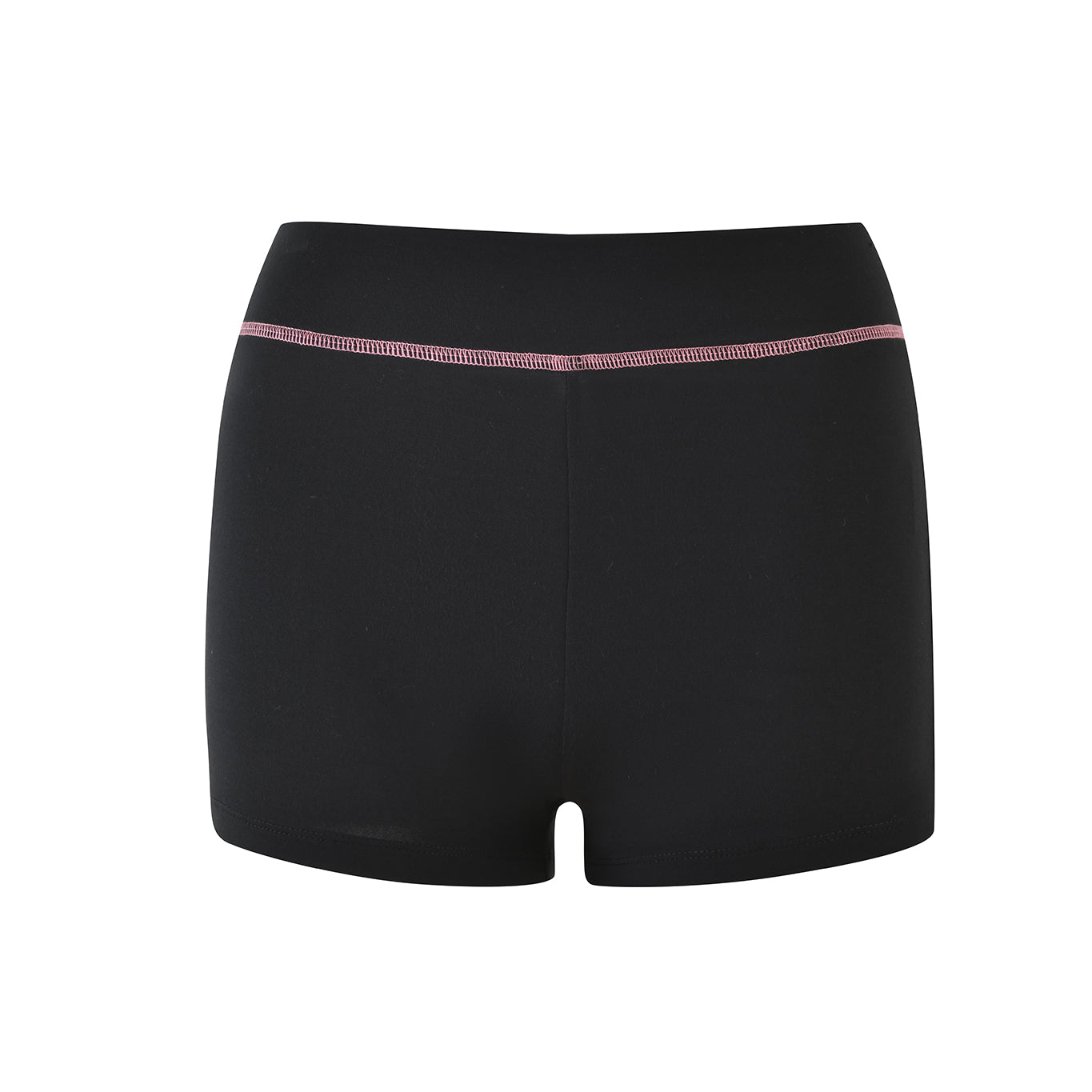The BLARE SHORT - BLACK by I.AM.GIA features a high waistband with a slim pink stripe, made from bamboo fabric for maximum comfort.