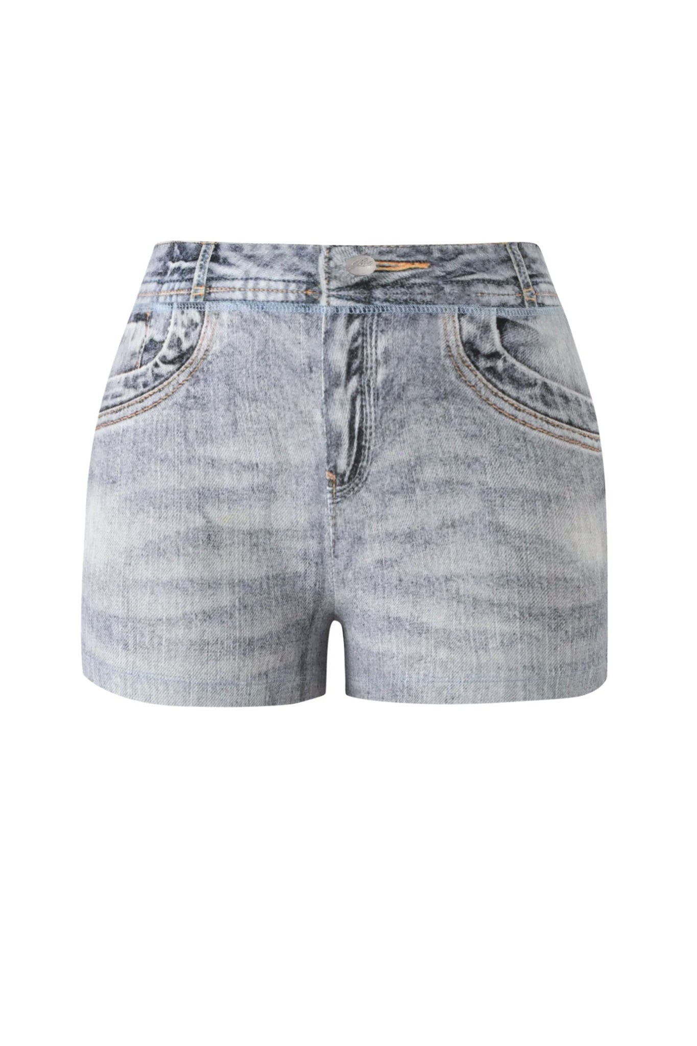 Introducing the BLARE SHORT - DENIM TROMPE L’OEIL by I.AM.GIA: a pair of light blue, high-waisted faux denim mini shorts featuring a faded wash, front zipper and button closure, two front pockets, and belt loops at the waistband—all showcasing signature I.AM.GIA style.