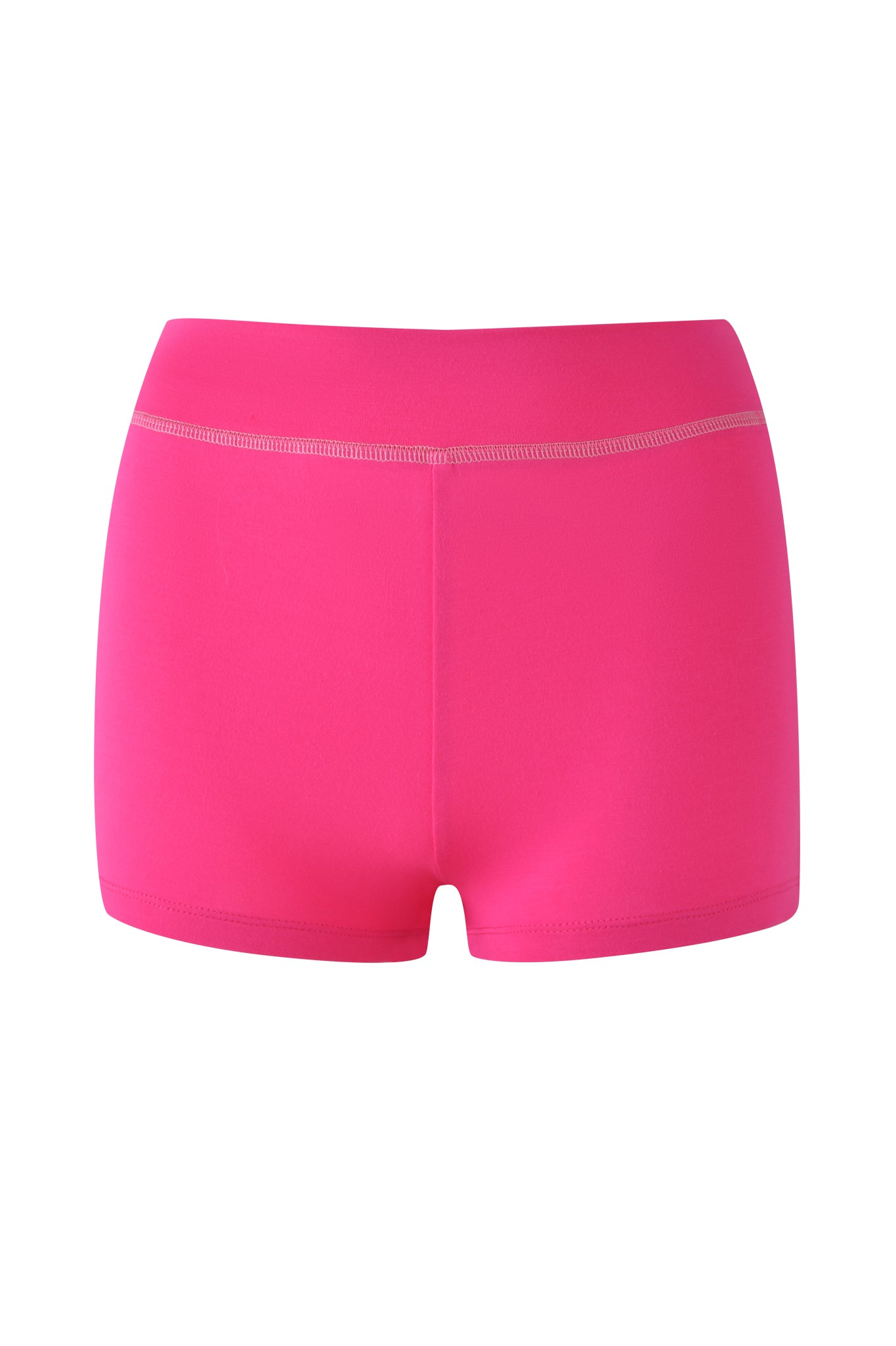 The I.AM.GIA BLARE SHORT in hot pink features a wide waistband and bodycon fit, crafted from a smooth, stretchy bamboo jersey fabric, perfect for workouts or casual wear; displayed on a white background.