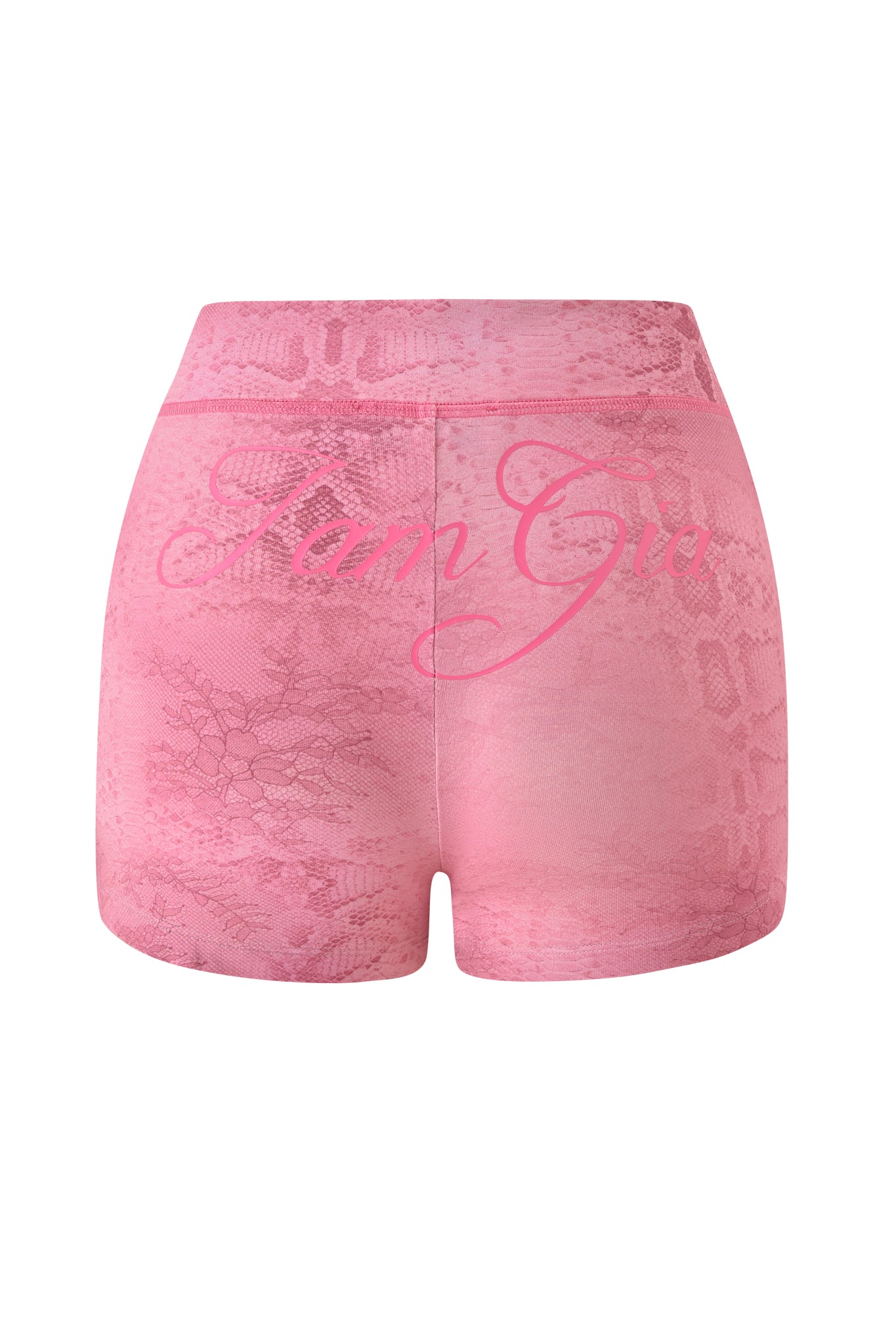 The BLARE SHORT - LIGHT PINK SERPENTINE by I.AM.GIA features a high-waisted fit, an elastic waistband, a subtle serpentine print in light pink, and “Fan Gia” written in cursive across the back.