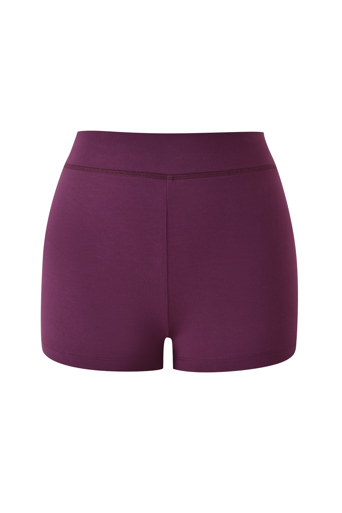 The BLARE SHORT - PLUM by I.AM.GIA are high-waisted, fitted mini shorts featuring an elastic waistband, shown from the back against a plain white background.
