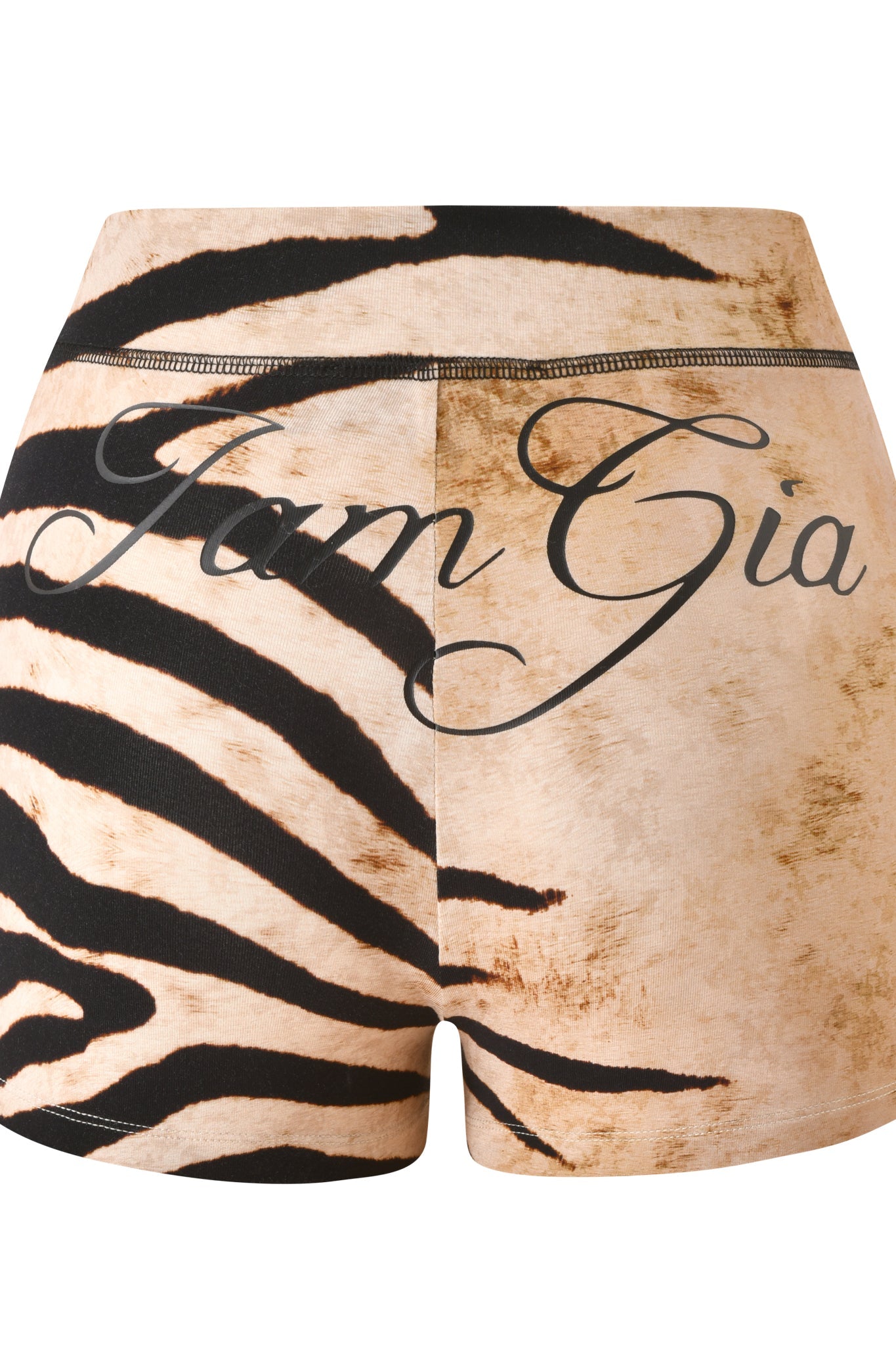 BLARE SHORT - WILD SIDE by I.AM.GIA: Zebra-print mini shorts with a bodycon fit and elastic waistband, featuring bold, cursive black “I.AM.GIA” lettering across the back.