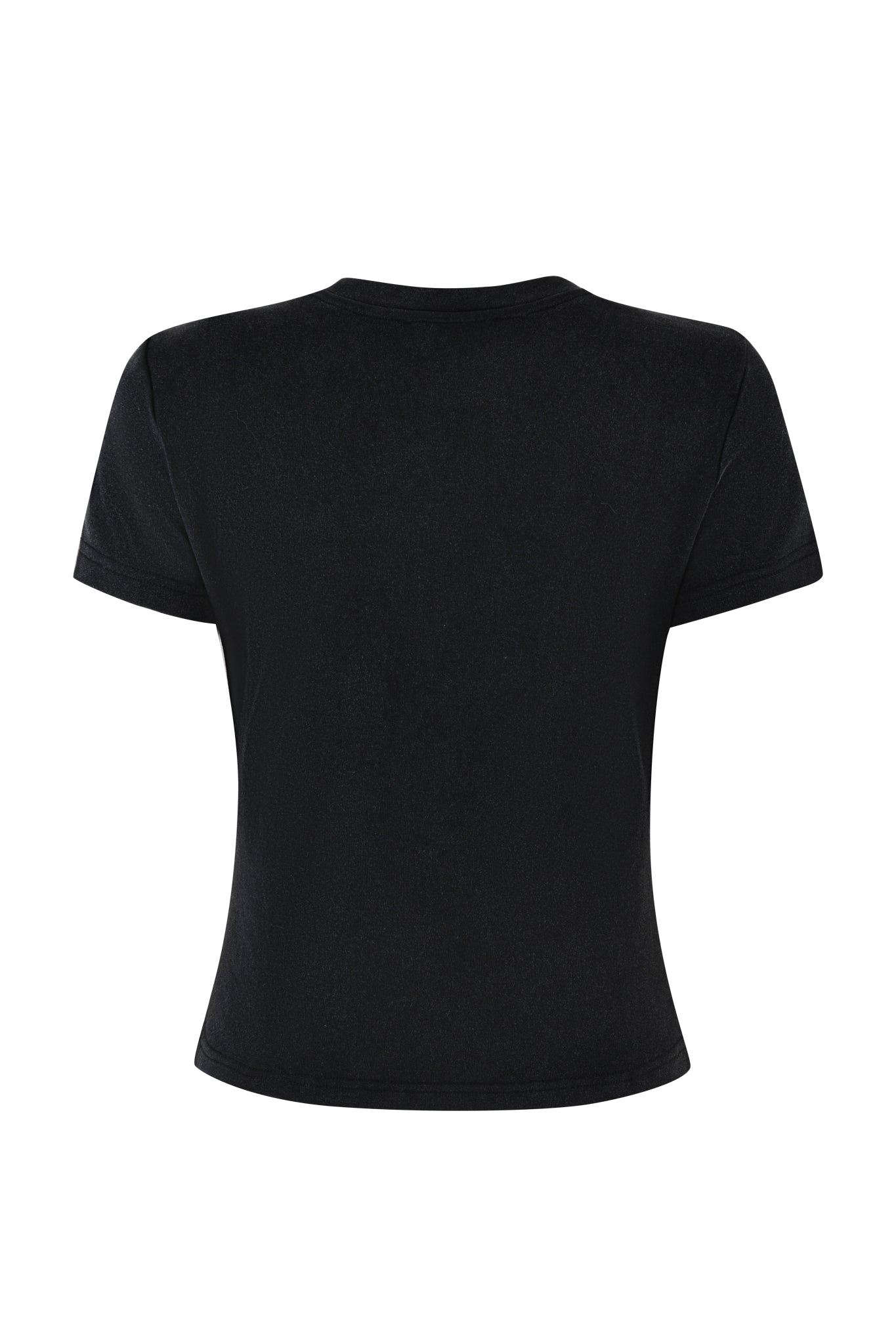 The ENZA TOP - BLACK from I.AM.GIA is displayed from the back, showcasing its plain design with a classic crew neckline. This bodycon silhouette provides a timeless look that seamlessly complements any wardrobe.