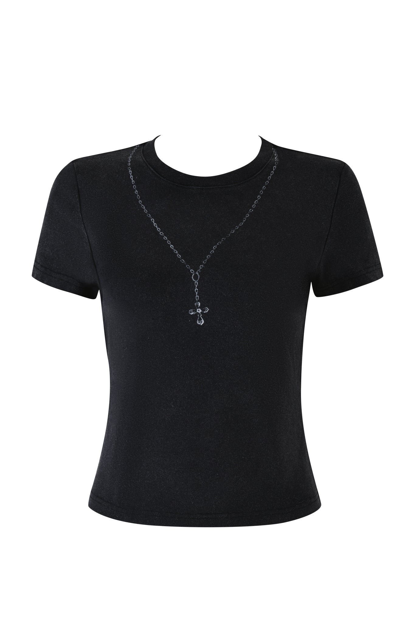 The ENZA TOP - BLACK from I.AM.GIA features a short-sleeved vintage baby tee design with a trompe l'oeil rosary print, complete with a cross-shaped pendant. Set against a plain white background, this unique piece is highlighted beautifully.
