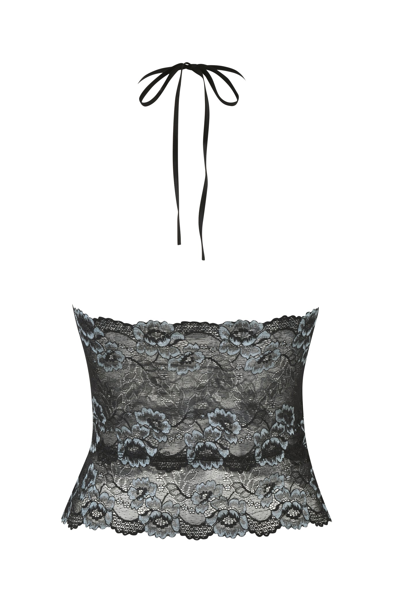 The GEM HALTER TOP - BLACK : BLACK BLUE by I.AM.GIA showcases elegance with its strapless design, intricate lace fabrication, and a sleek black ribbon tied at the neck. The floral patterns and scalloped edges contribute to its sophisticated appeal, while the bodycon fit enhances a feminine silhouette.