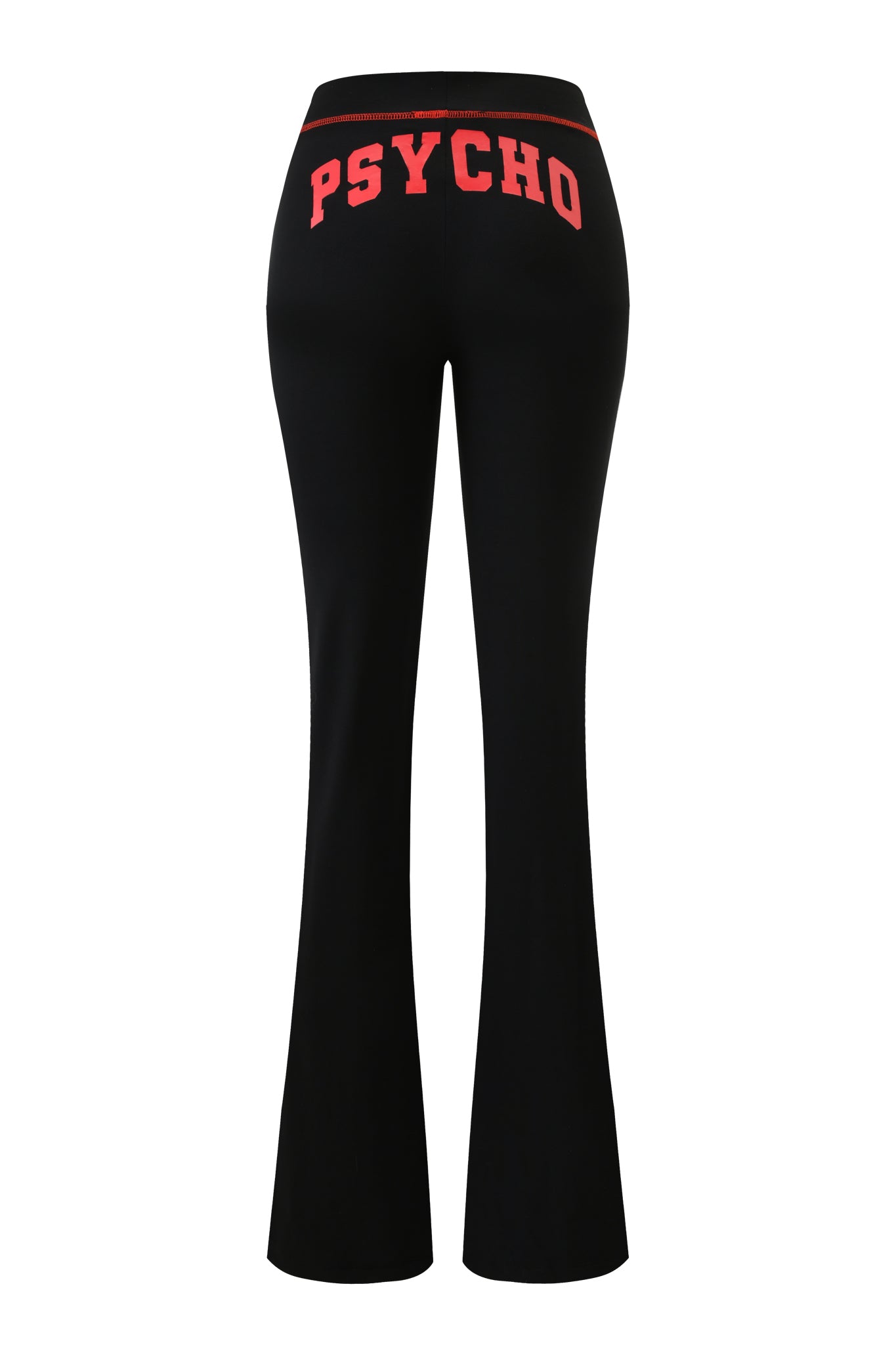 The I.AM.GIA BLARE TRACKPANT - BLACK PSYCHO features a bold red PSYCHO logo across the back waistband. These low-rise, flared track pants are shown against a white background.