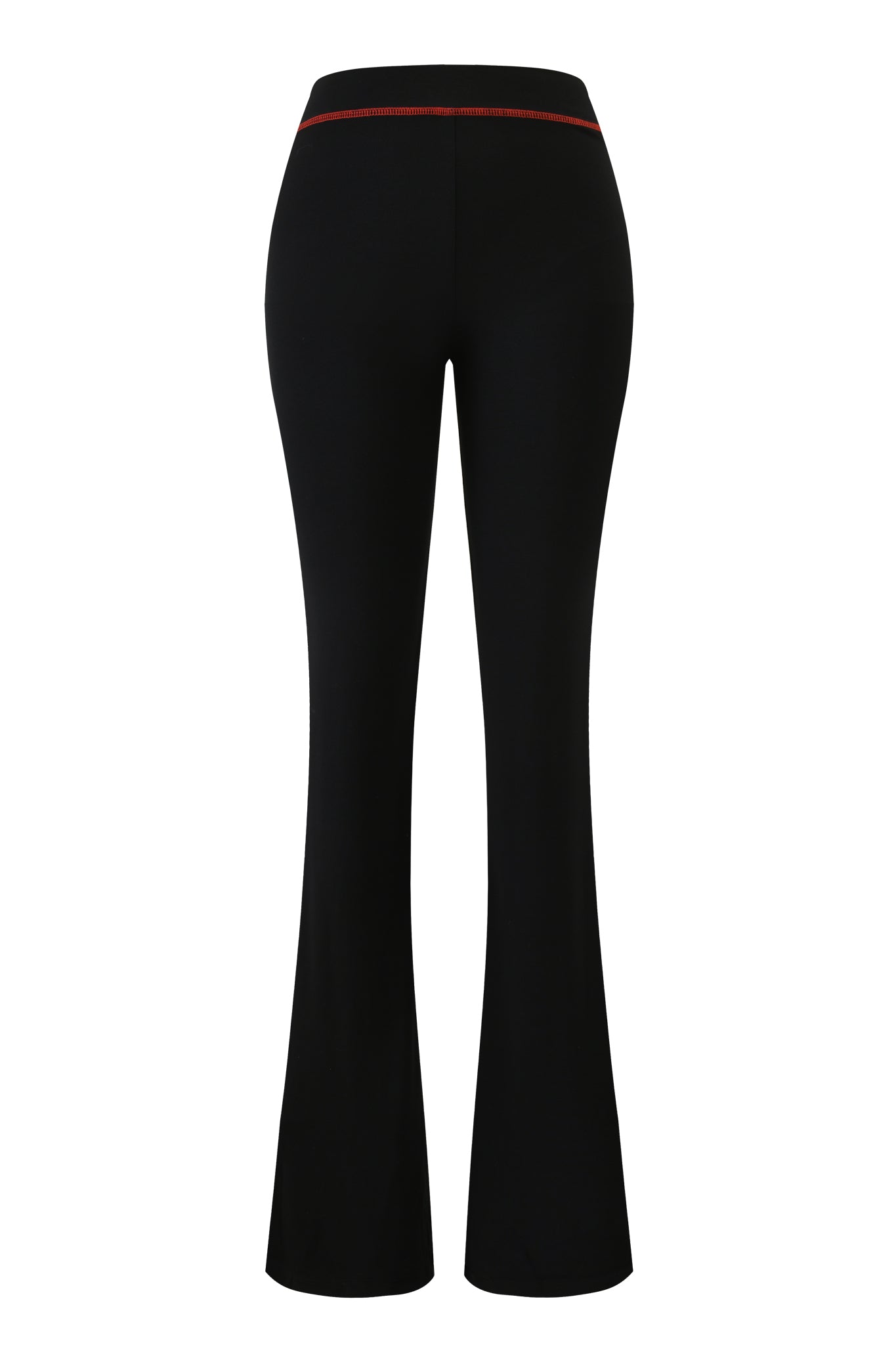 The I.AM.GIA BLARE TRACKPANT - BLACK PSYCHO is shown from the back, highlighting its high waist with a red waistband, fitted hips and thighs, and flared legs from knee to hem.