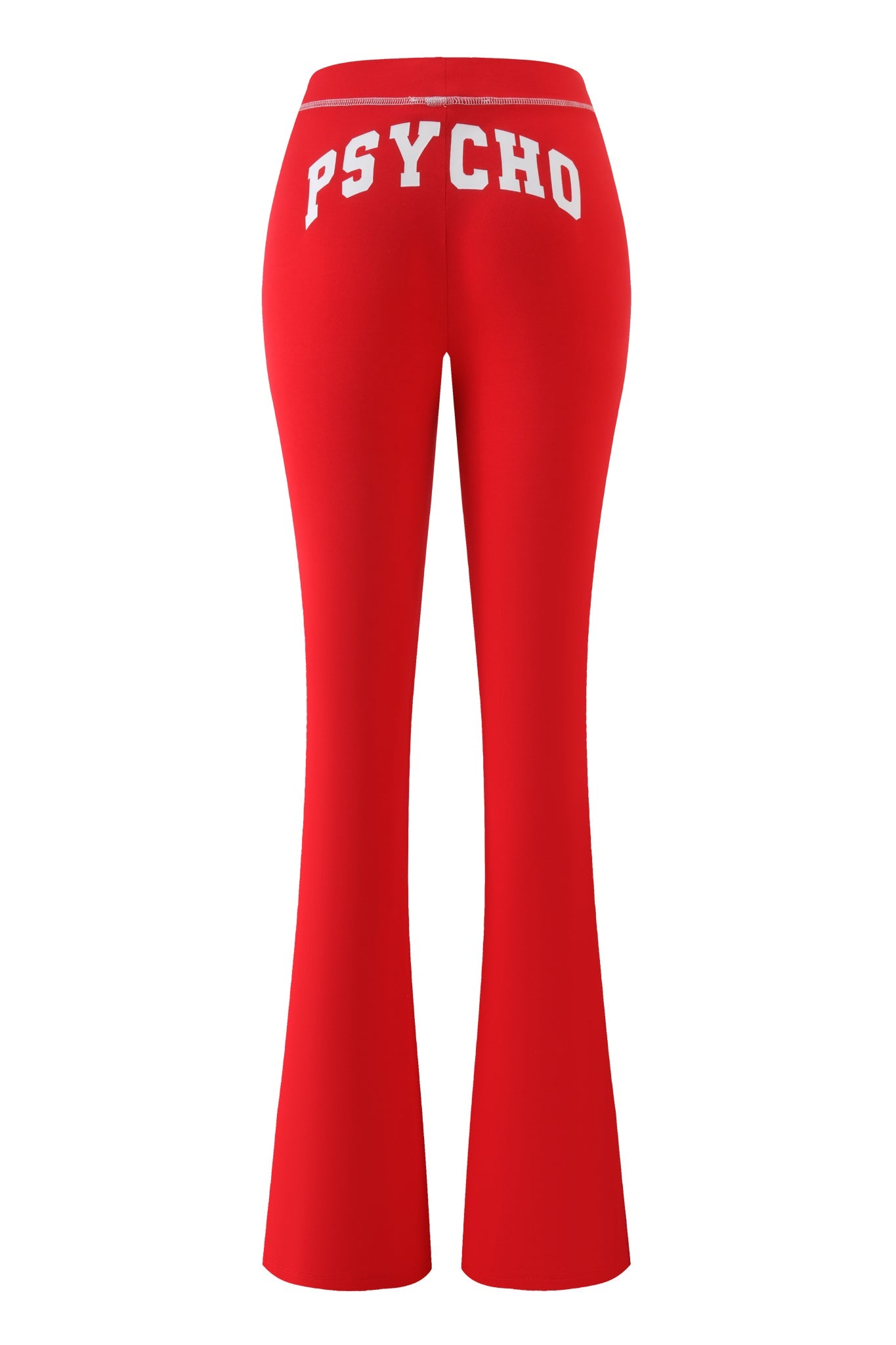 Bold red I.AM.GIA BLARE TRACKPANT - RED : PSYCHO : SALSA flared pants, seen from the back, feature striking white "PSYCHO" across the low-rise waistband.