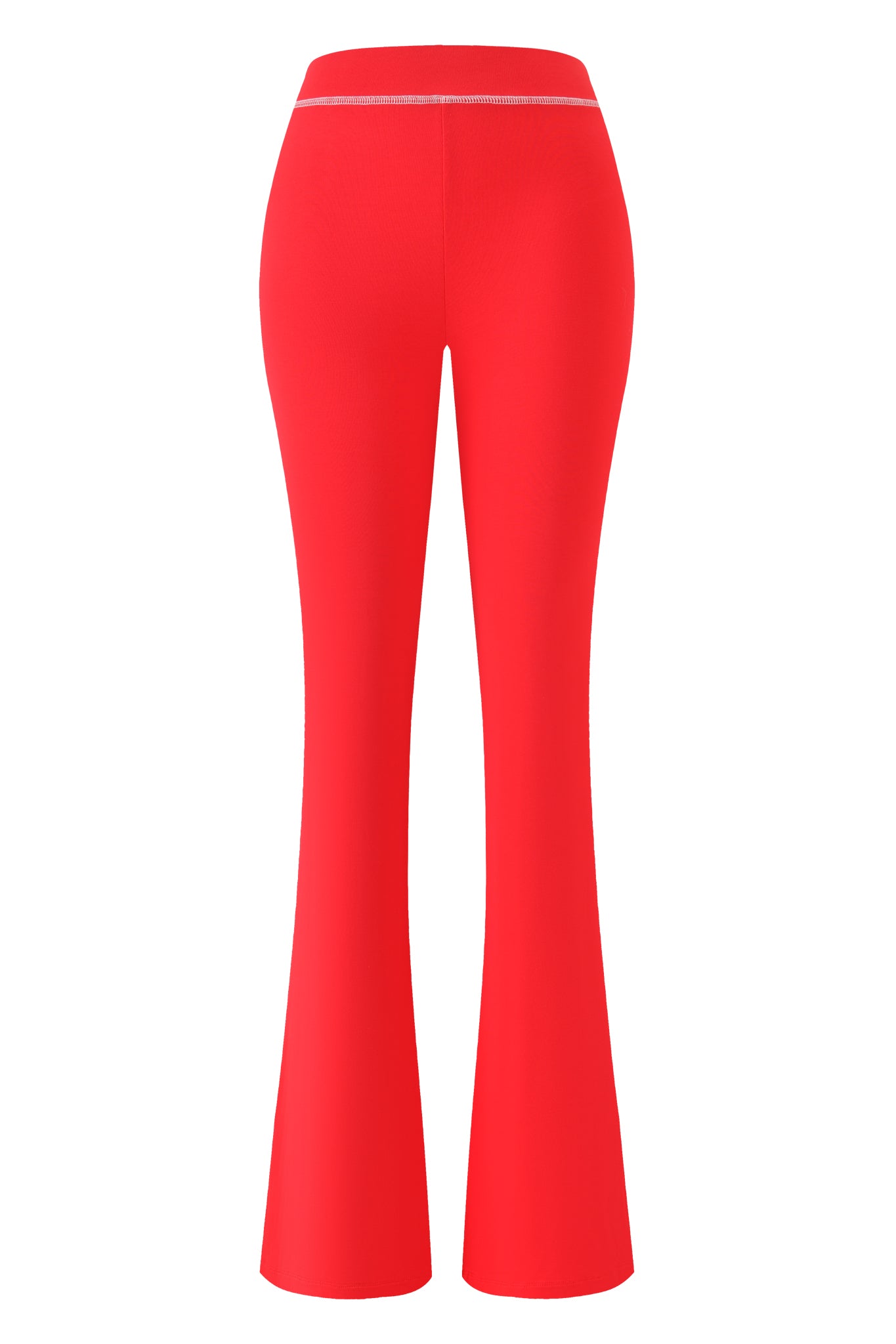 The I.AM.GIA BLARE TRACKPANT - RED : PSYCHO : SALSA is a high-waisted, flared pant in bright red, form-fitting through the hips and thighs and wide at the bottom, shown from the back against a white background.
