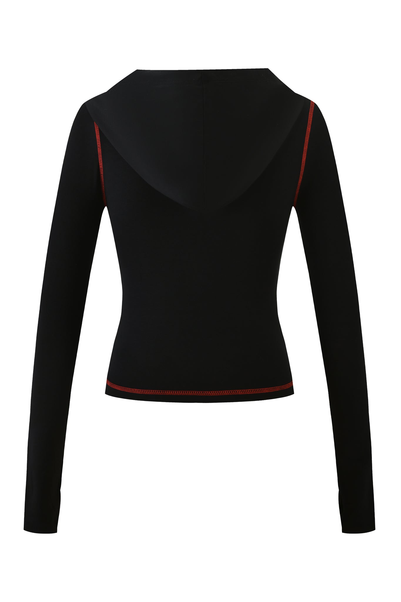 The I.AM.GIA BLARE HOODIE - BLACK PSYCHO is a black, bodycon long-sleeve hoodie with red stitching on the side seams and bottom hem, displayed from the back against a white background.