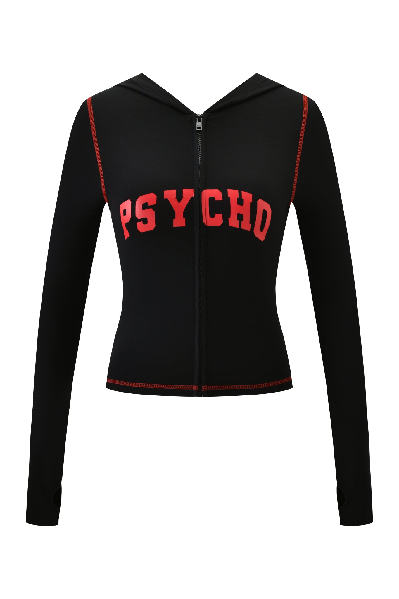The I.AM.GIA BLARE HOODIE - BLACK PSYCHO features a black zip-up design with a hood, long sleeves, bold red "PSYCHO" lettering across the chest, and red stitching accents along the seams.