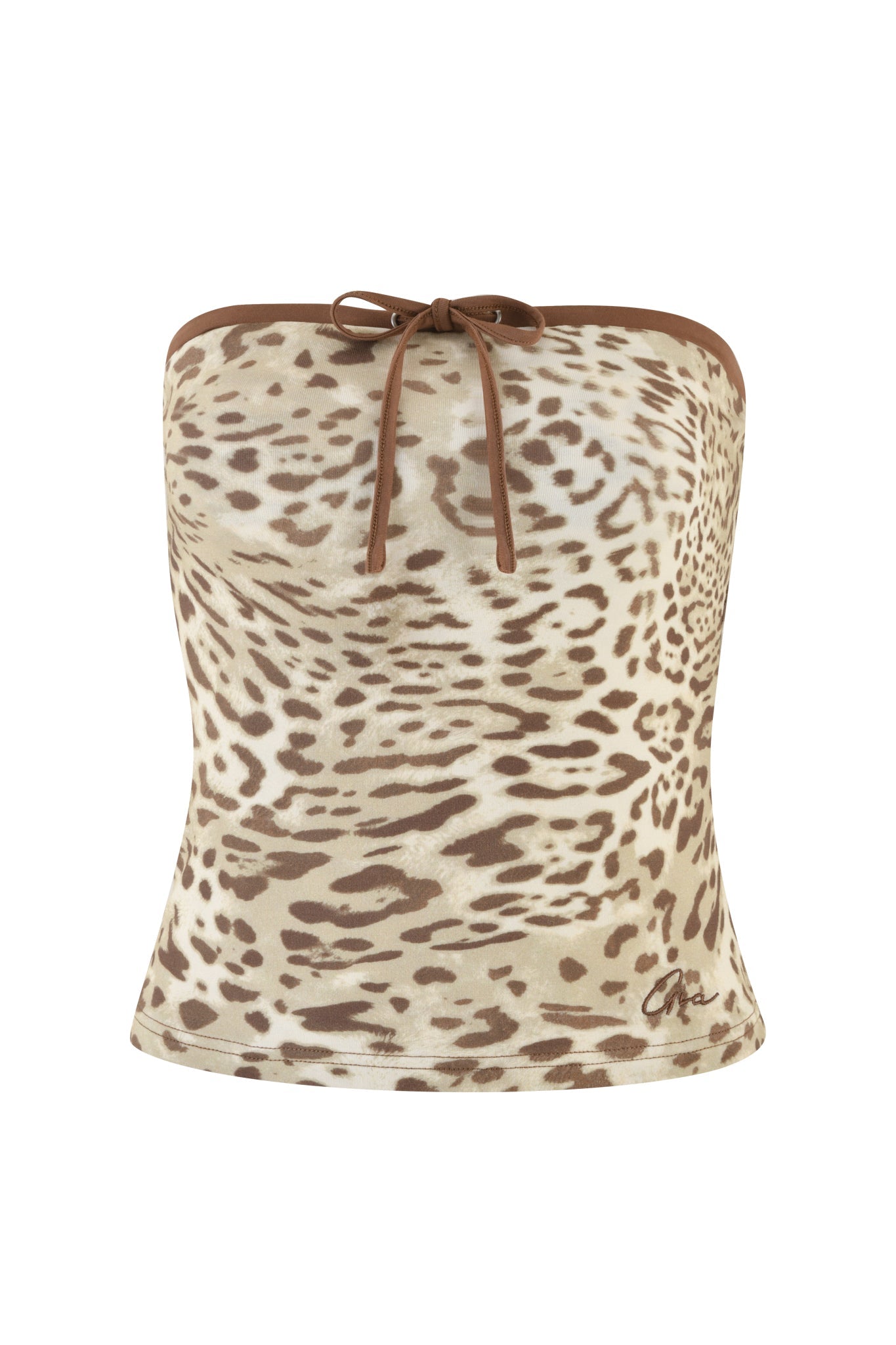 The I.AM.GIA MICHELLE BOOB TUBE in NEUTRAL : LEOPARD LIMBO is a strapless top with a captivating brown and beige leopard print, showcasing a small tie detail at the center that accentuates its fitted bodycon style.