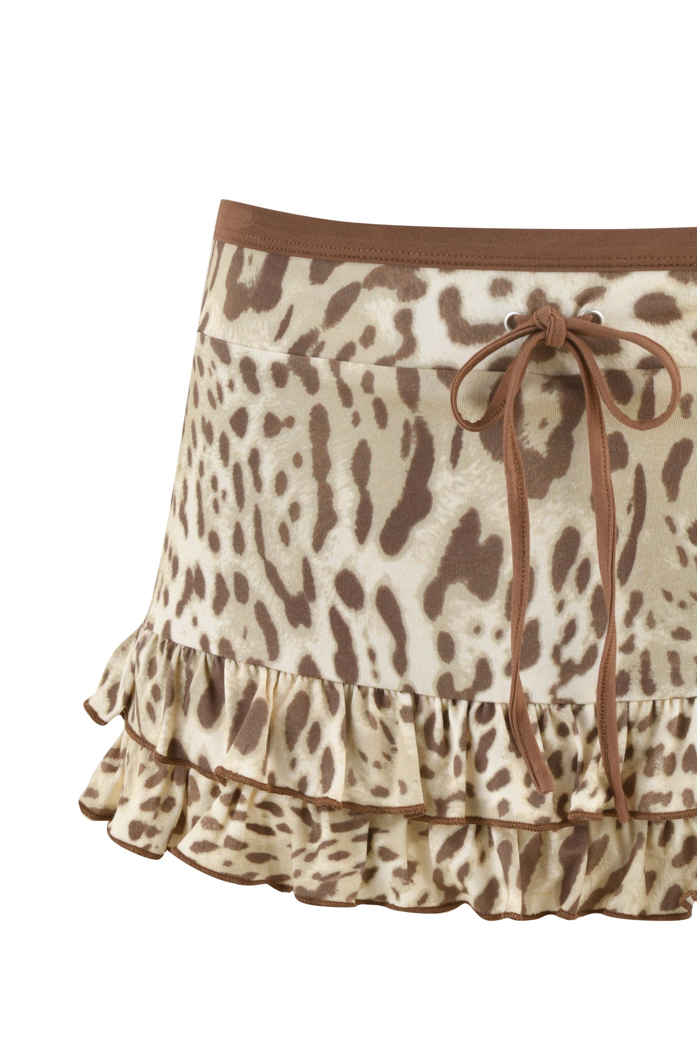 The MICHELLE SKORT by I.AM.GIA features a brown and beige leopard print design, complete with a micro mini length, ruffled hem, and a brown drawstring waist.